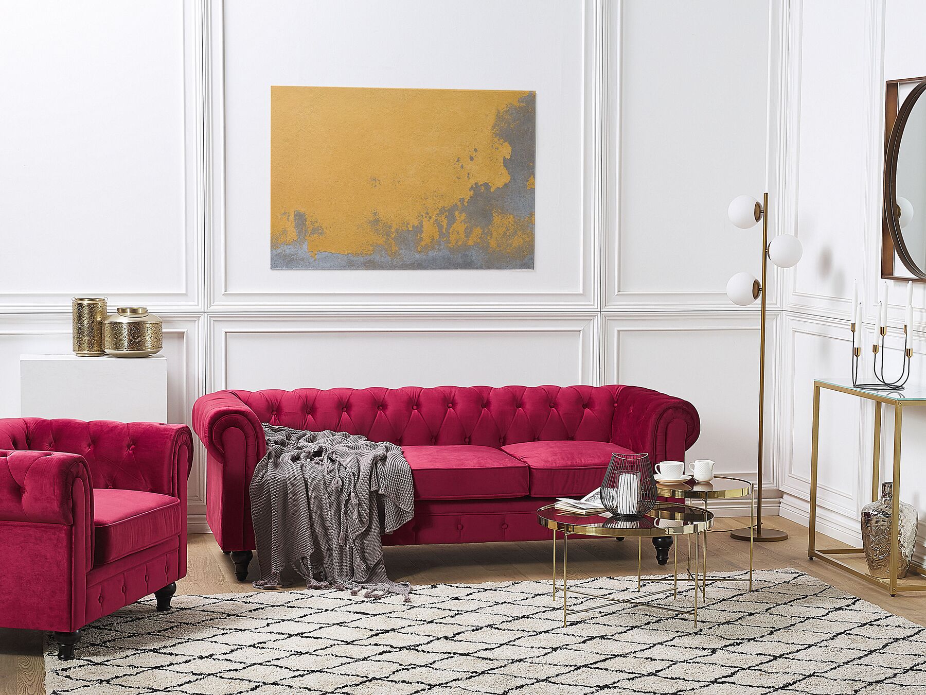 3 Seater Velvet Fabric Sofa Red CHESTERFIELD