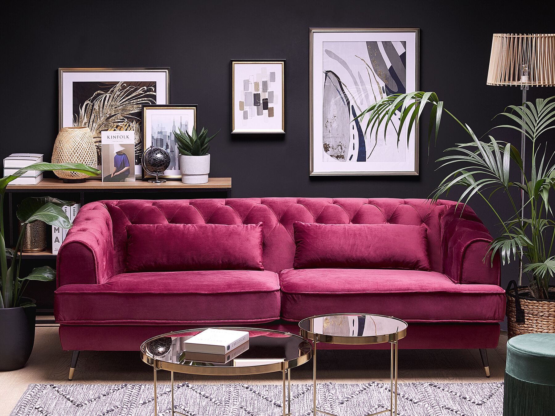 3 Seater Velvet Fabric Sofa Burgundy SLETTA