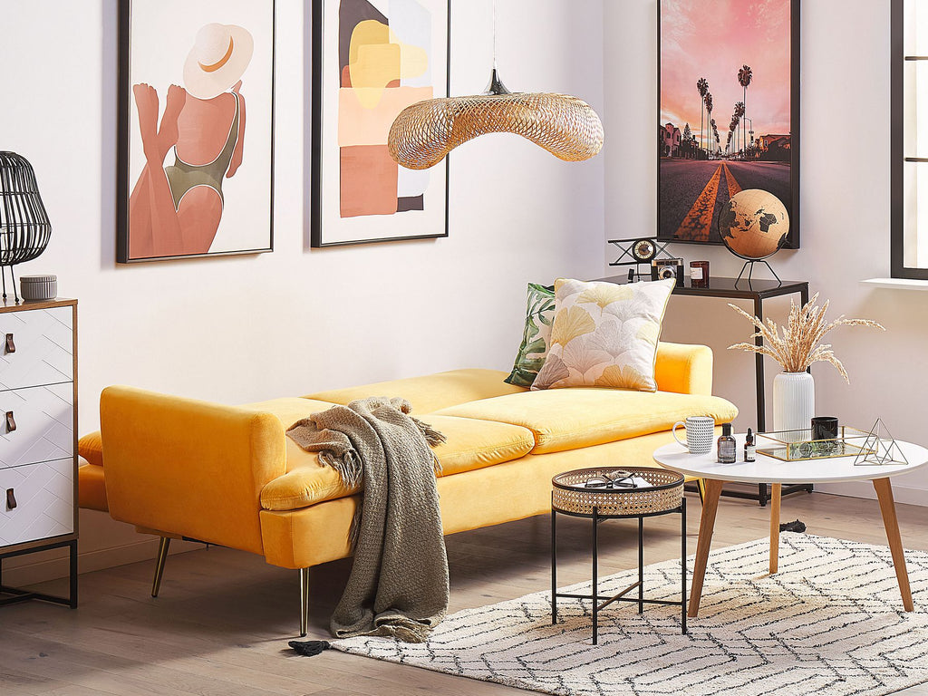 Sofa Bed VETTRE Velvet Yellow 3 Seater