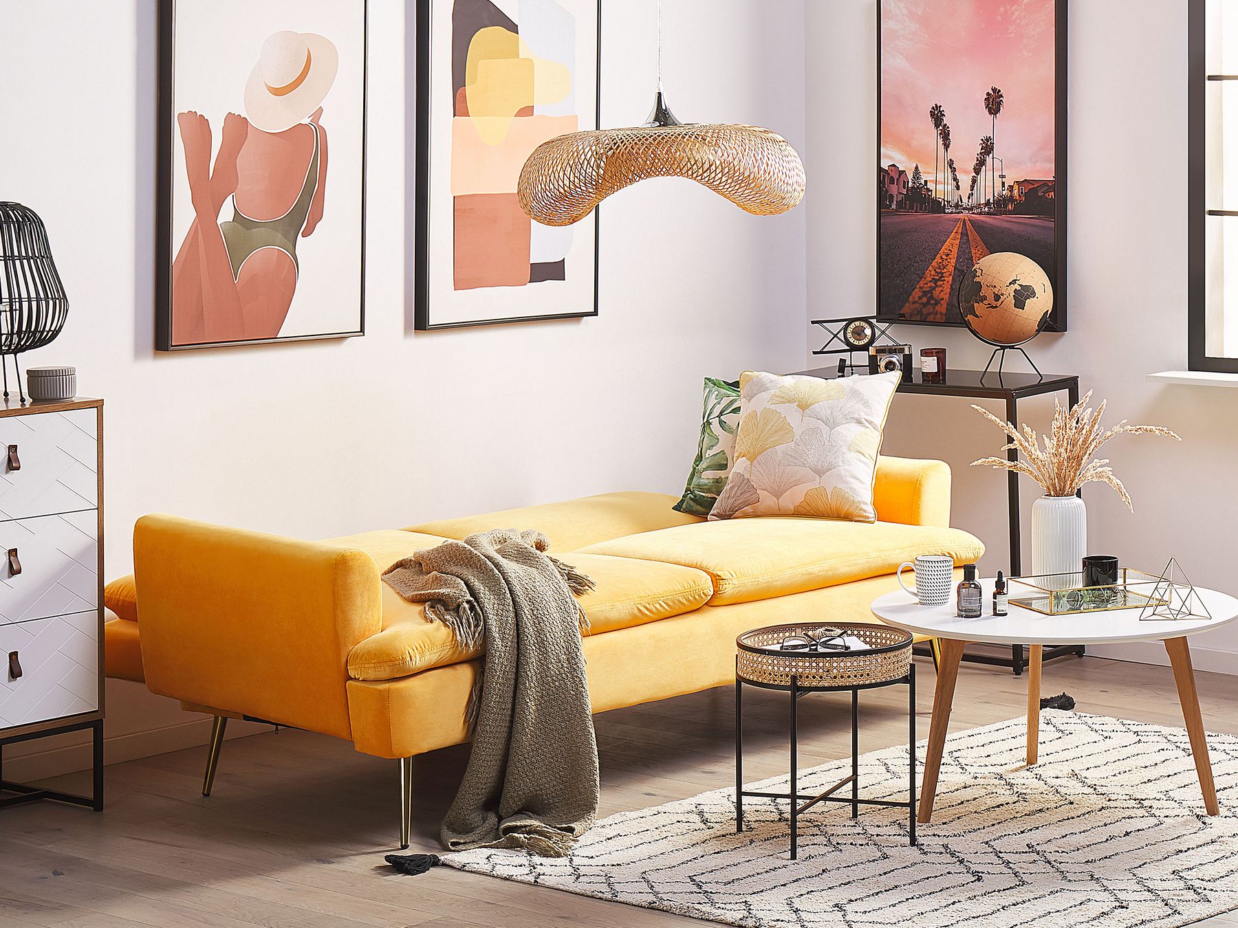 Sofa Bed VETTRE Velvet Yellow 3 Seater