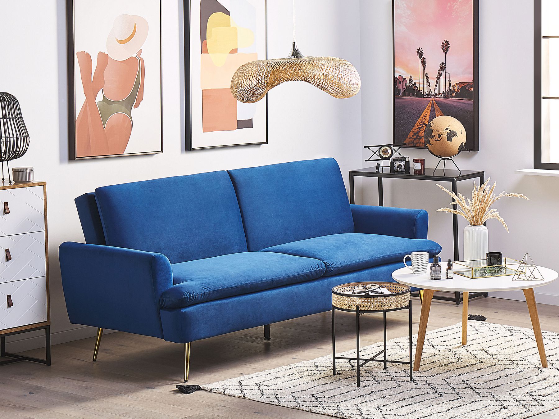 Sofa Bed VETTRE Velvet Navy Blue 3 Seater