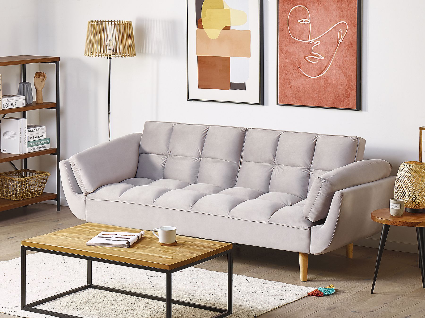 Sofa Bed ASBY Velvet Light Grey 3 Seater