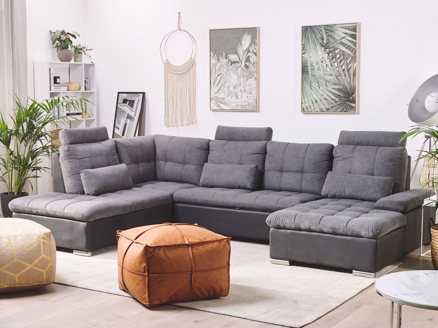 U-Shape Sofa Bed HALDEN Fabric Dark Grey with Storage 5 Seater Right Hand