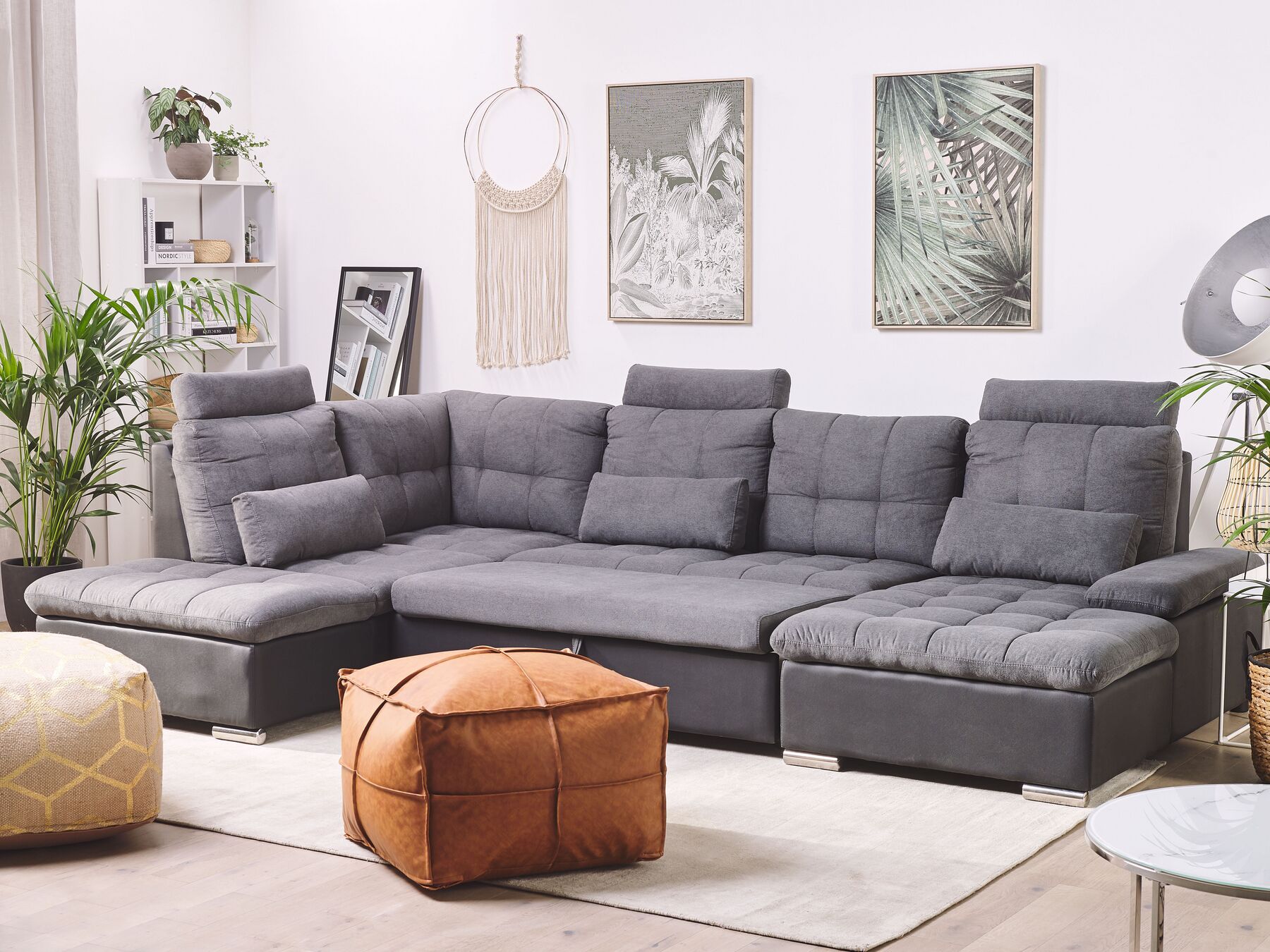 U-Shape Sofa Bed HALDEN Fabric Dark Grey with Storage 5 Seater Right Hand