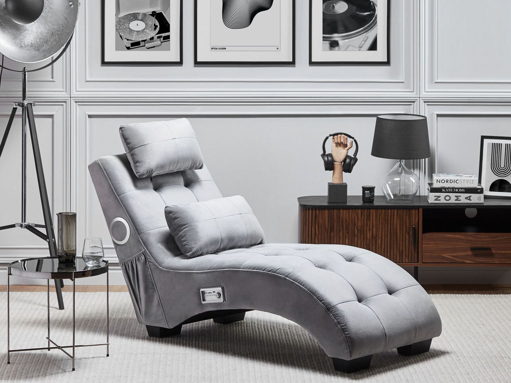 Chaise Longue SIMORRE Velvet Grey with Built-In Bluetooth Speaker