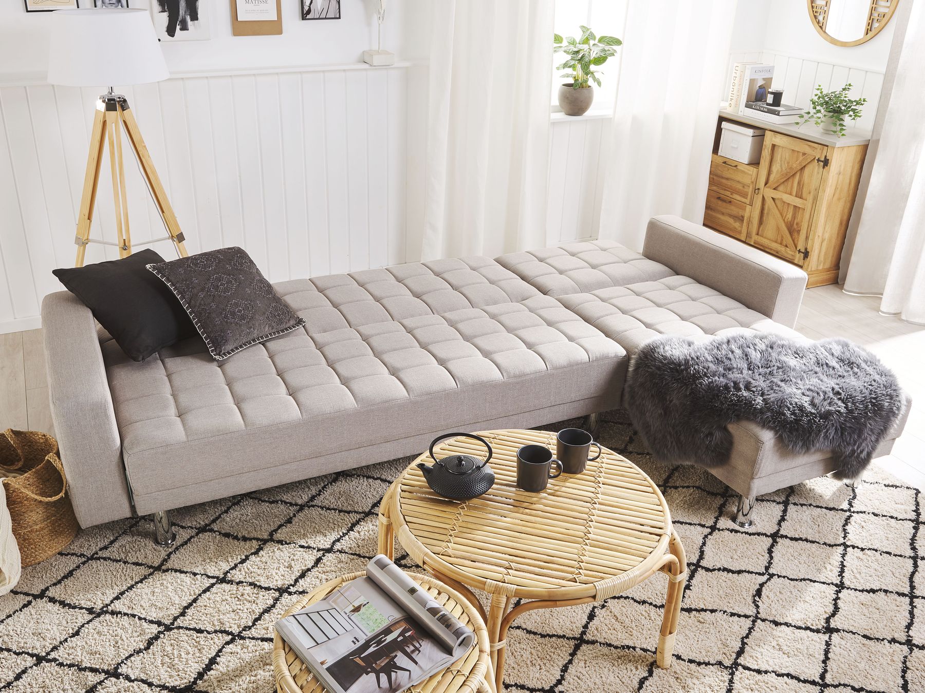 Corner Sofa Bed NESSET Fabric Light Grey 4 Seater Left Hand