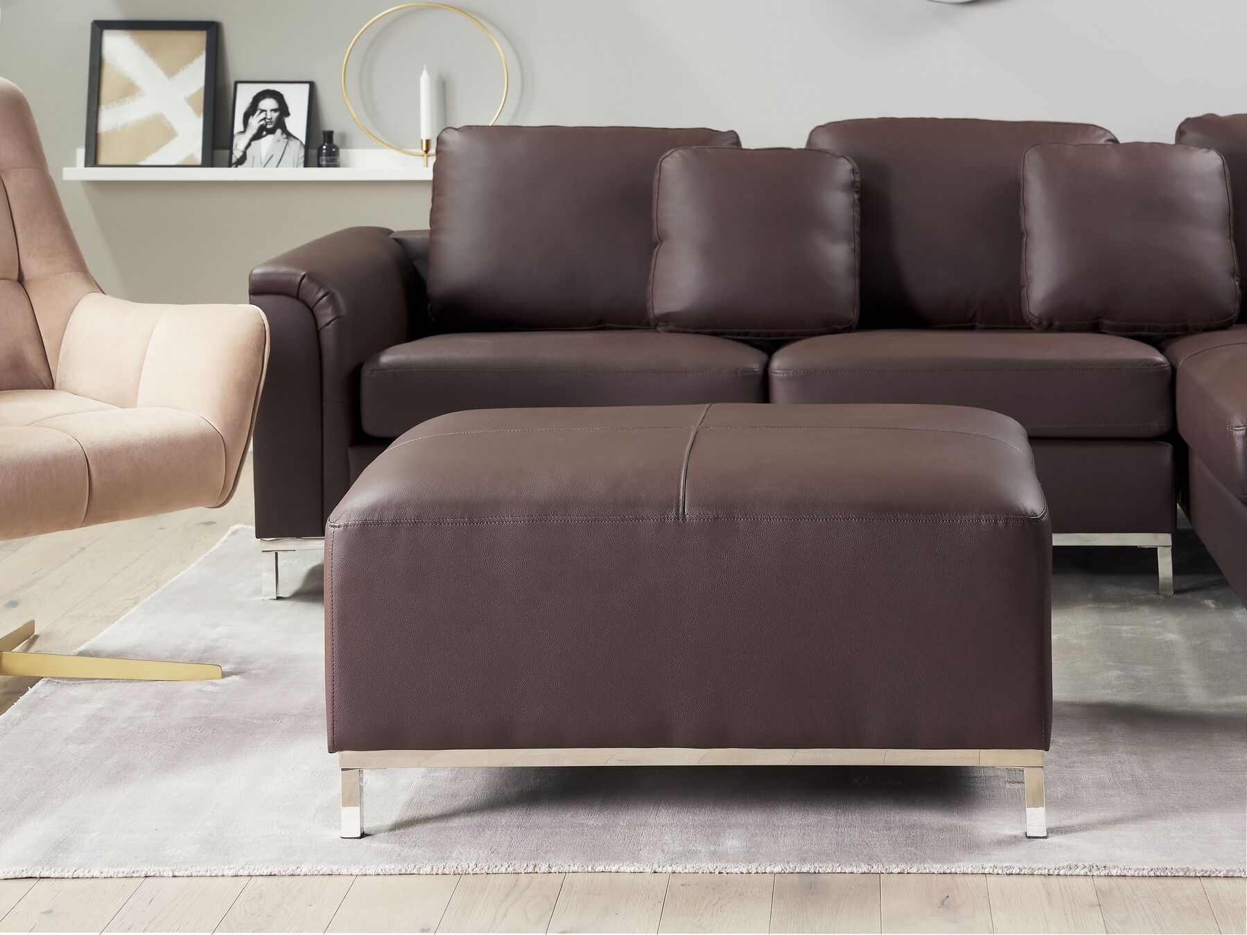 Corner Sofa OSLO Leather Brown with Ottoman 5 Seater Left Hand