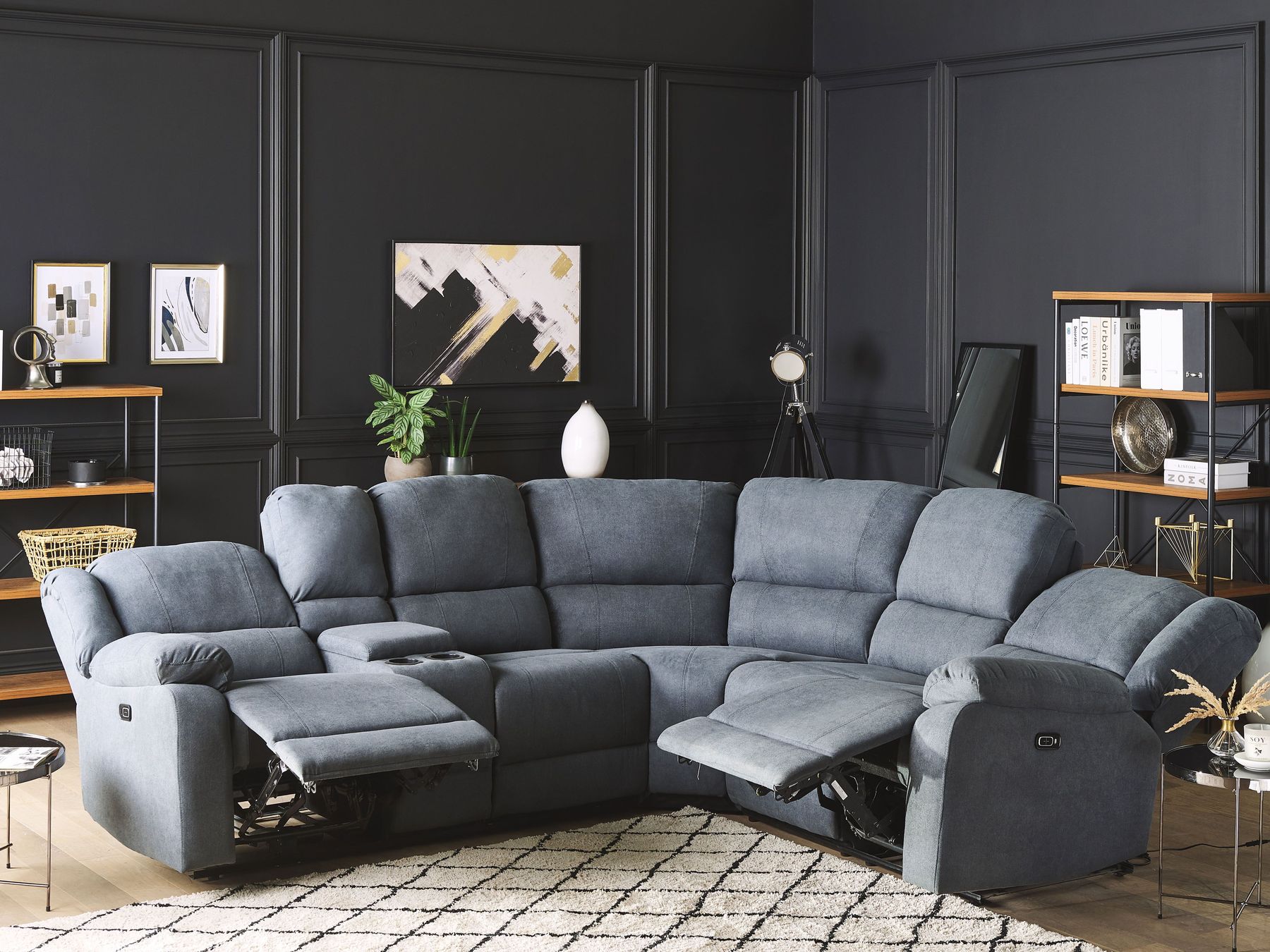 Electric Recliner Corner Sofa ROKKE Fabric Grey with USB Port 5 Seater Left Hand