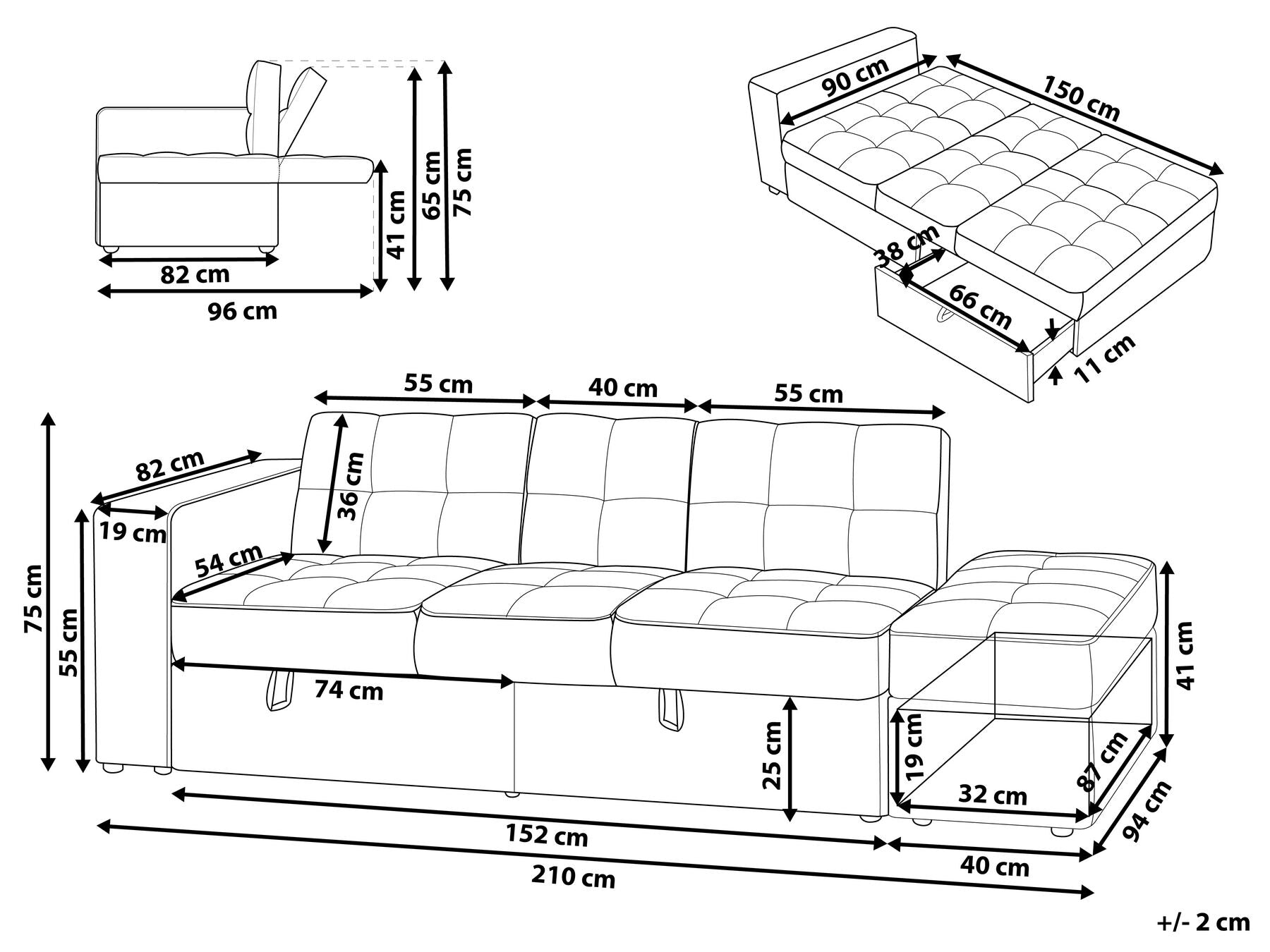 Sofa Bed FALSTER Fabric Dark Grey with Storage 3 Seater