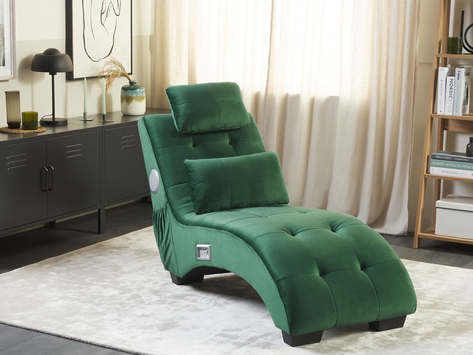 Chaise Longue SIMORRE Velvet Emerald Green with Built-In Bluetooth Speaker