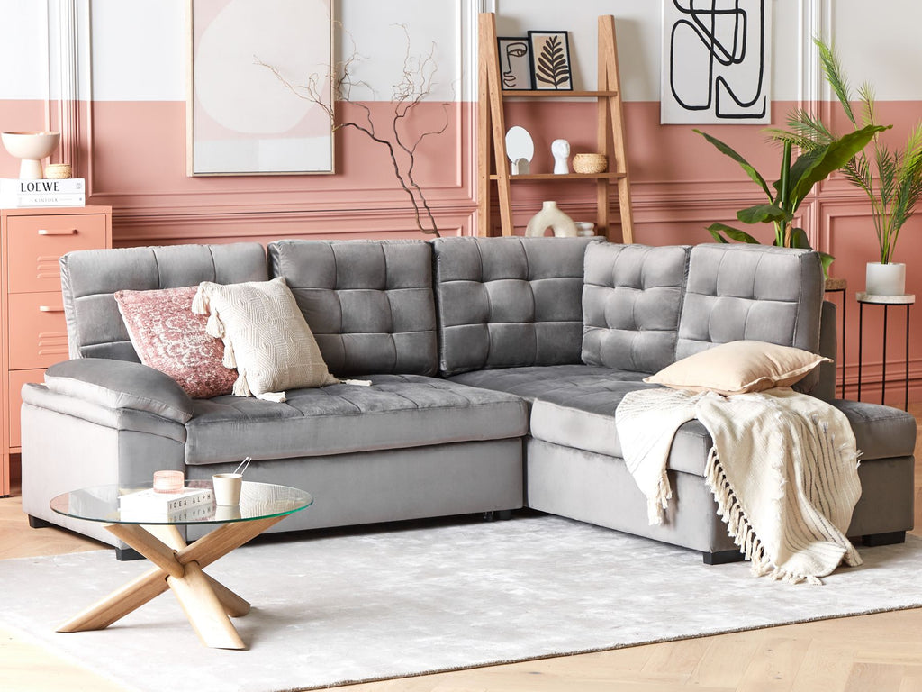 Corner Sofa Bed VARNAMO Velvet Grey with Storage 4 Seater Left Hand