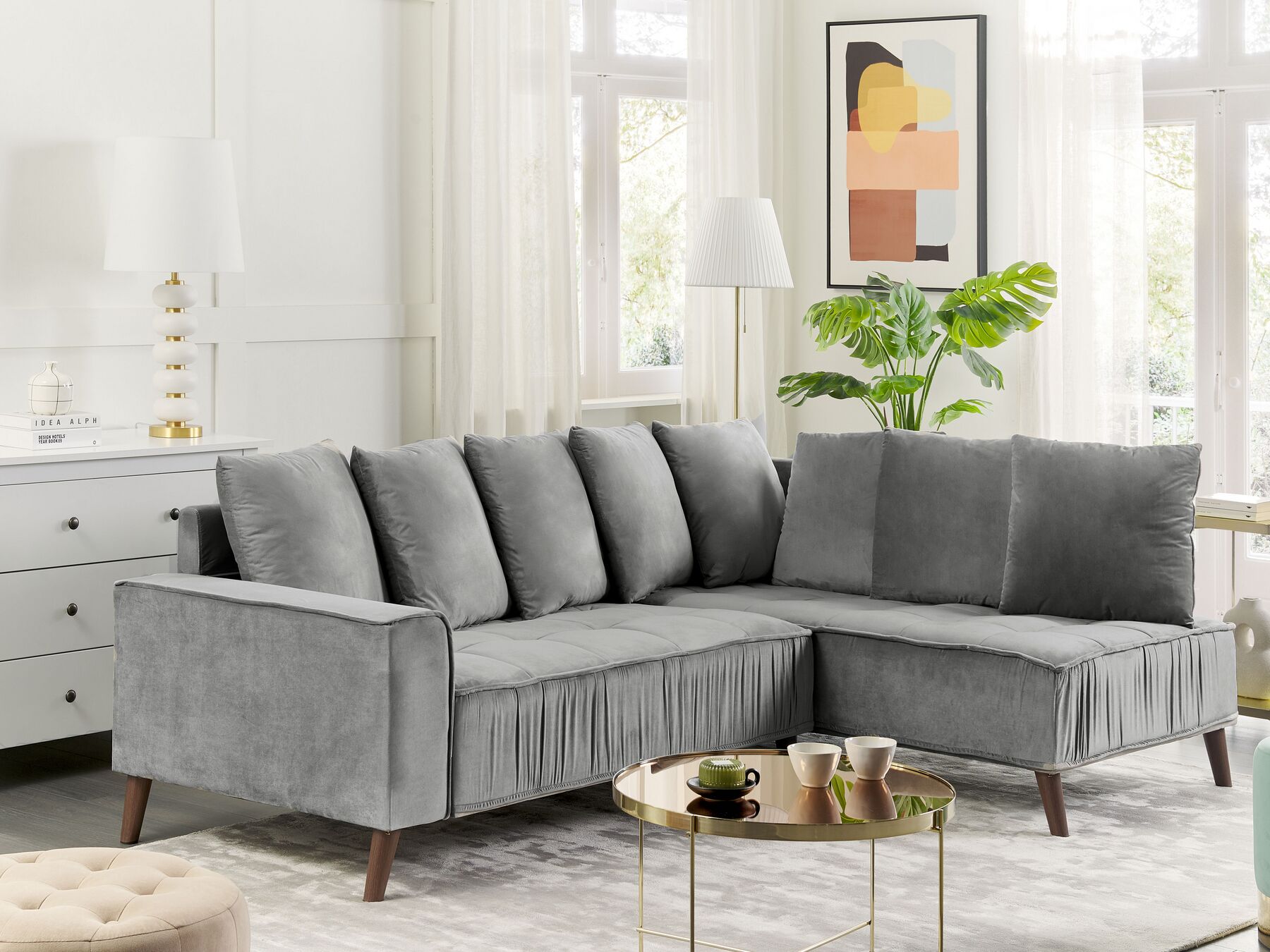 Corner Sofa GRENA Velvet Light Grey 3 Seater Left Hand