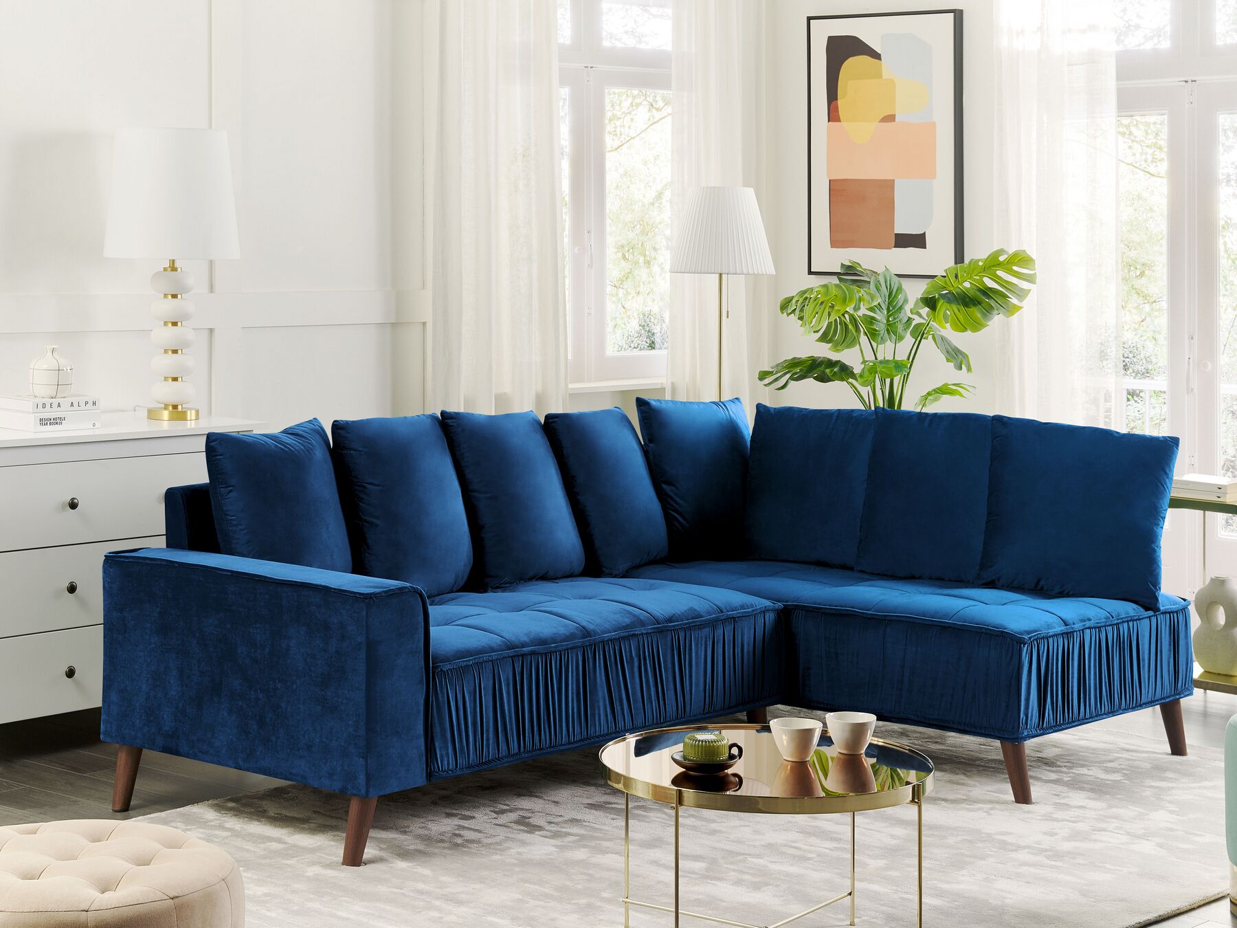 Corner Sofa GRENA Velvet Navy Blue 3 Seater Left Hand