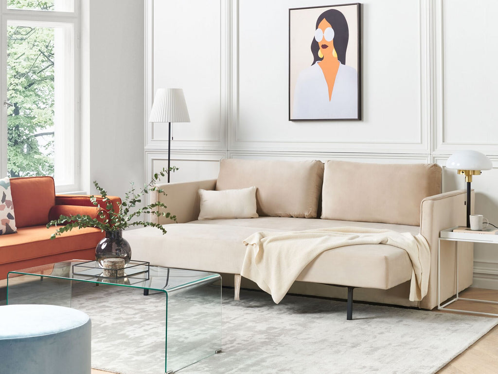 Sofa Bed EKSJO Velvet Beige with Storage 3 Seater