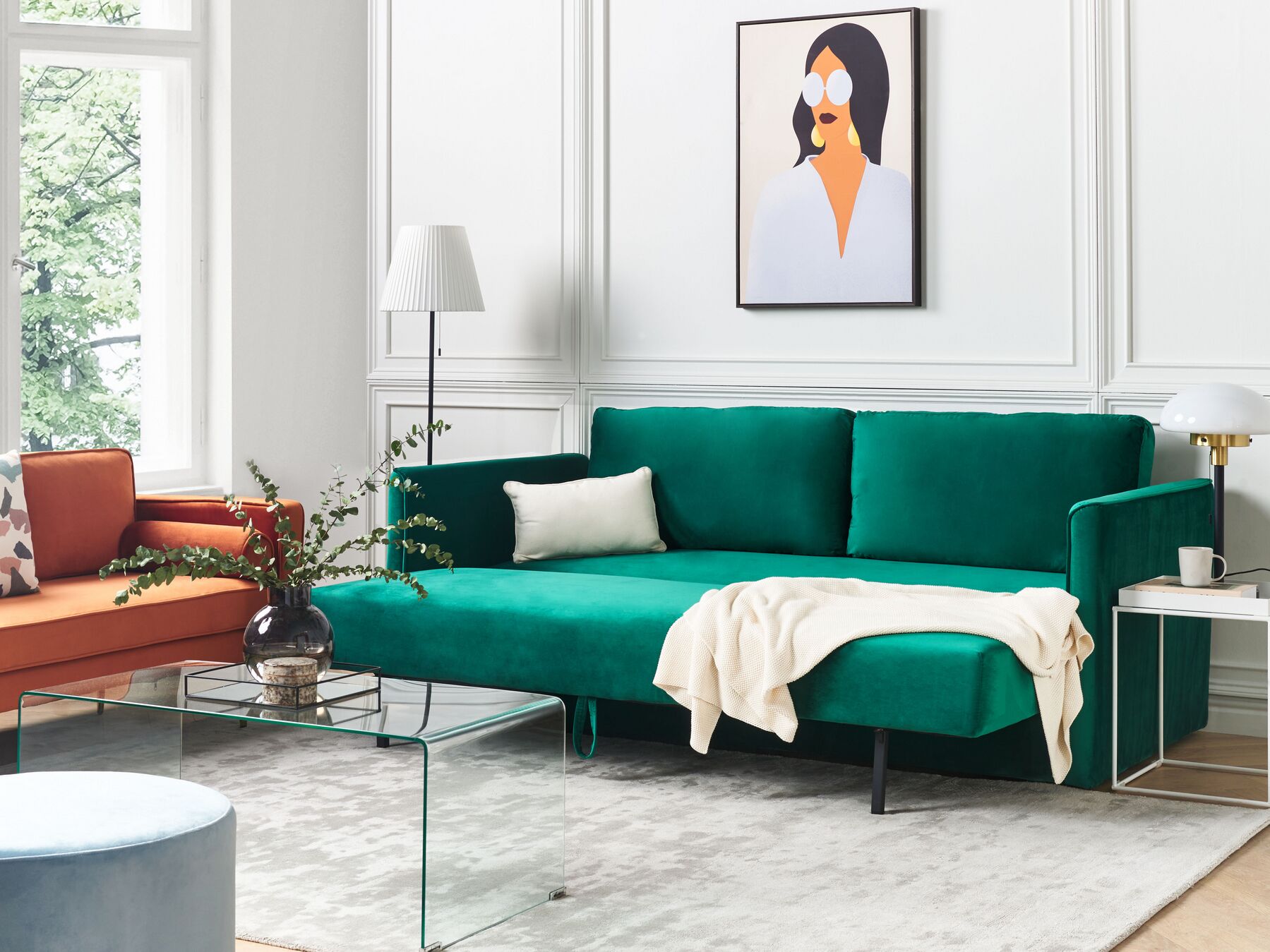 Sofa Bed EKSJO Velvet Emerald Green with Storage 3 Seater