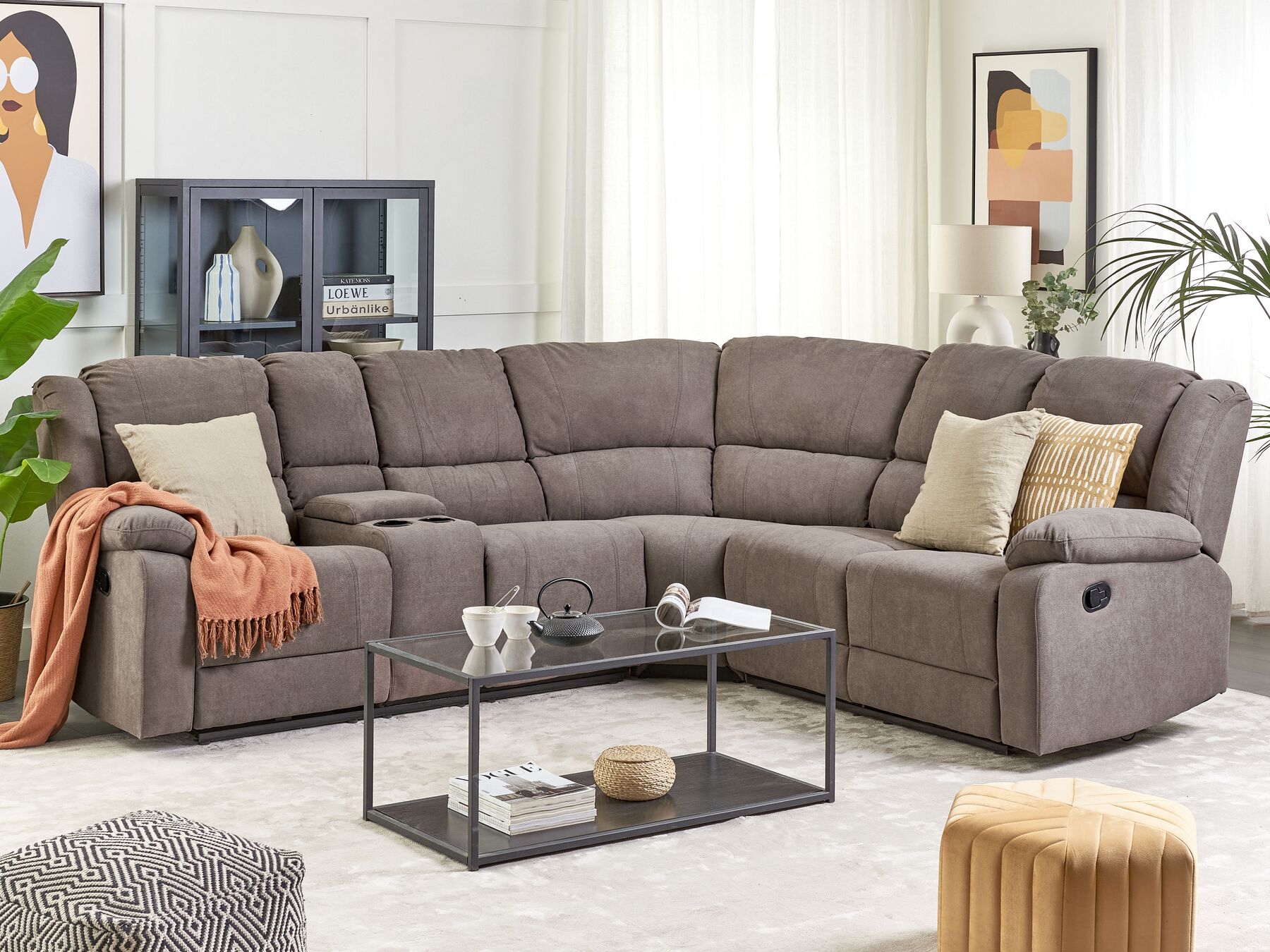 Manual Recliner Corner Sofa ROKKE Fabric Taupe 5 Seater Left Hand