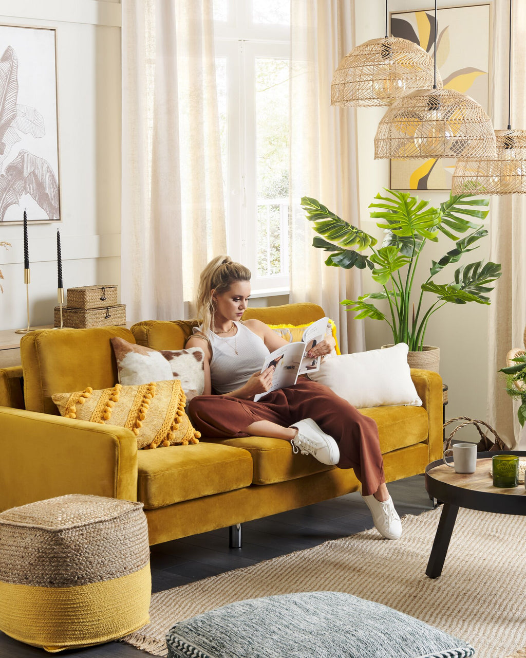 3 Seater Velvet Sofa Yellow GAVLE