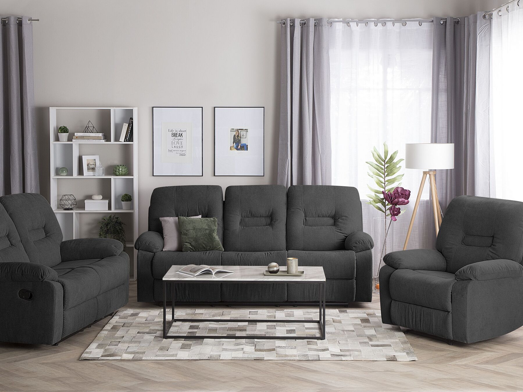 3 Seater Fabric Manual Recliner Sofa Grey BERGEN