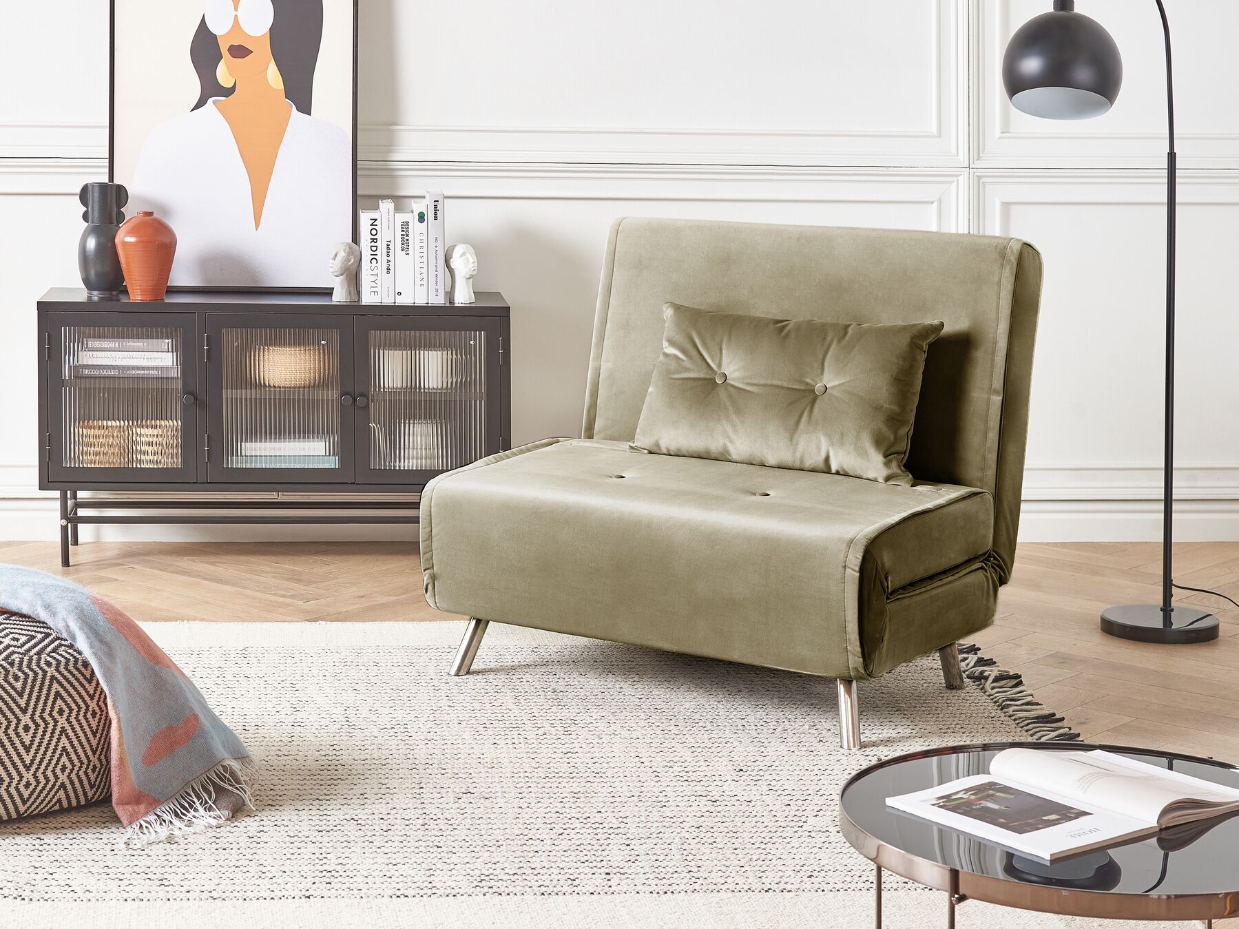 Single Sofa Bed FARRIS Velvet Olive Green