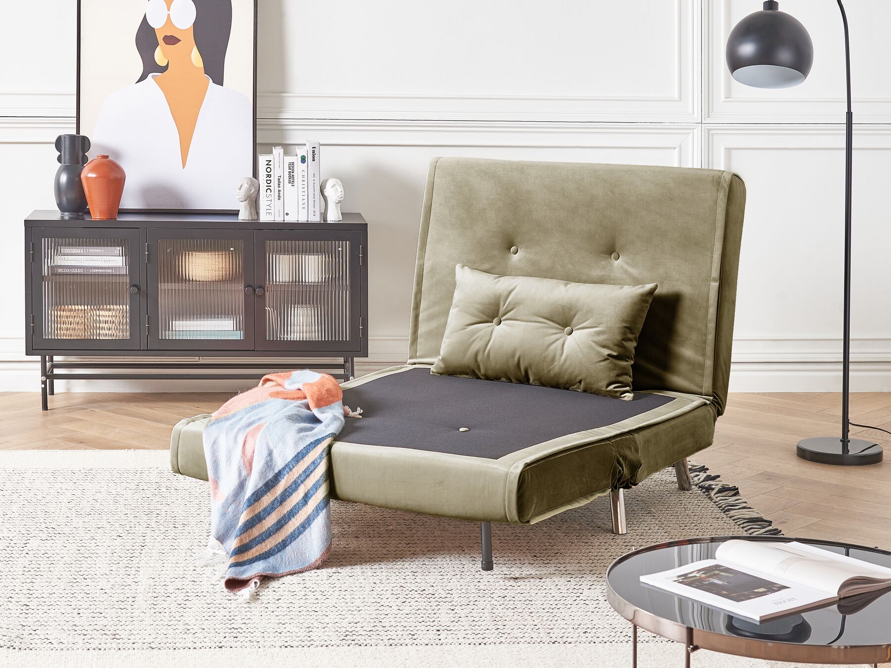 Single Sofa Bed FARRIS Velvet Olive Green