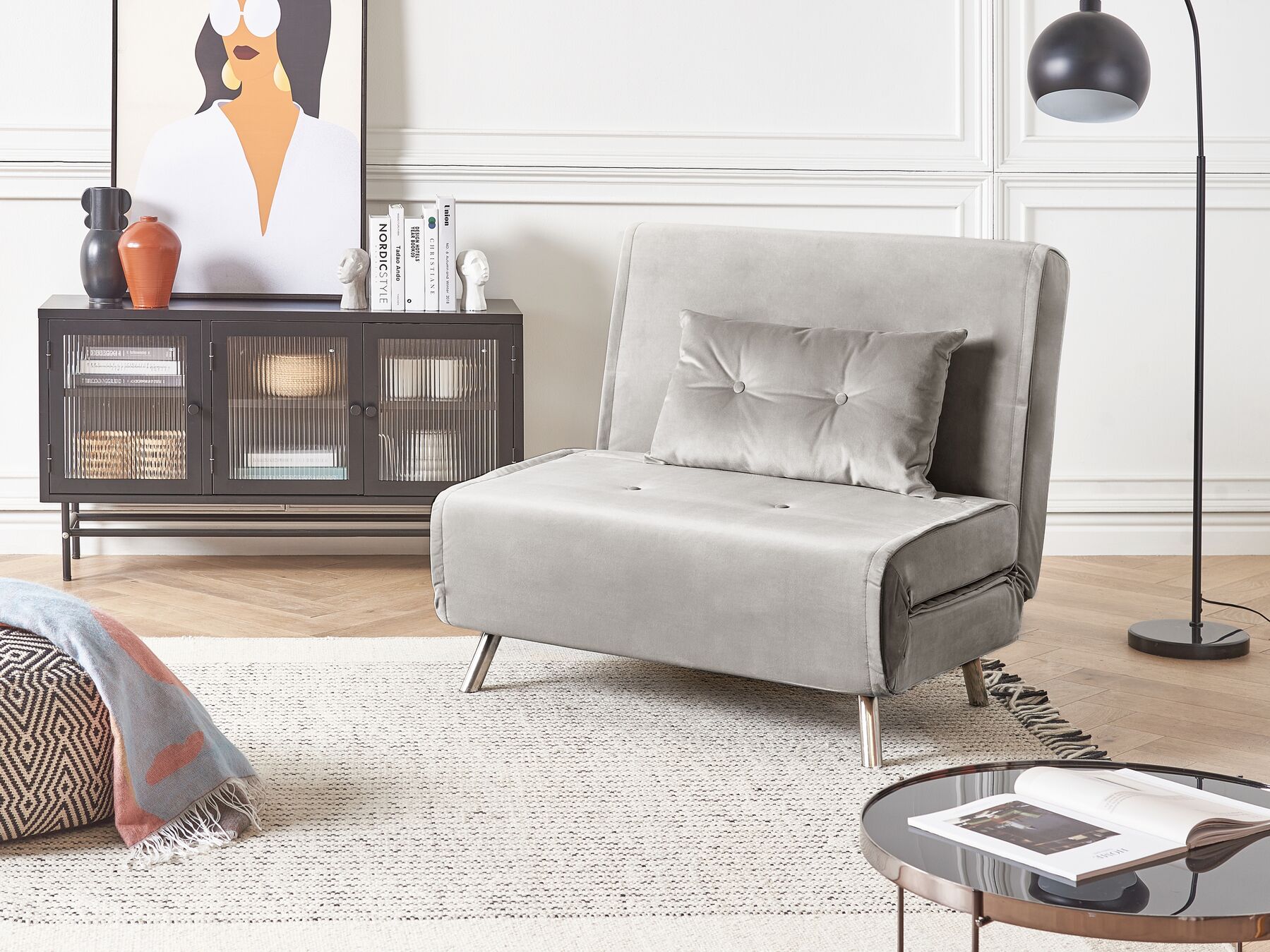 Single Sofa Bed FARRIS Velvet Light Grey