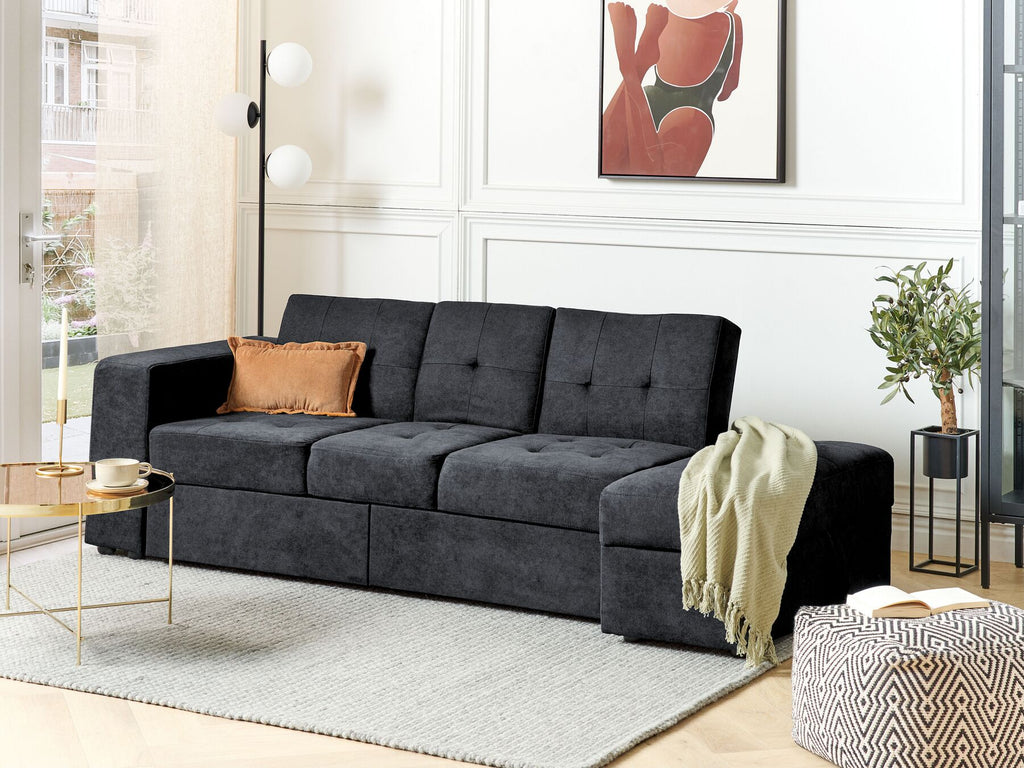 Sofa Bed FALSTER Fabric Black with Storage 3 Seater