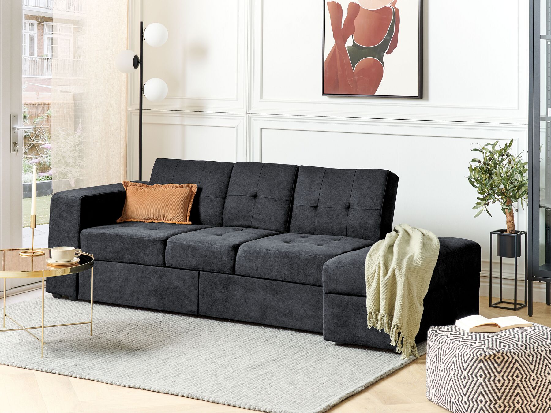 Sofa Bed FALSTER Fabric Black with Storage 3 Seater