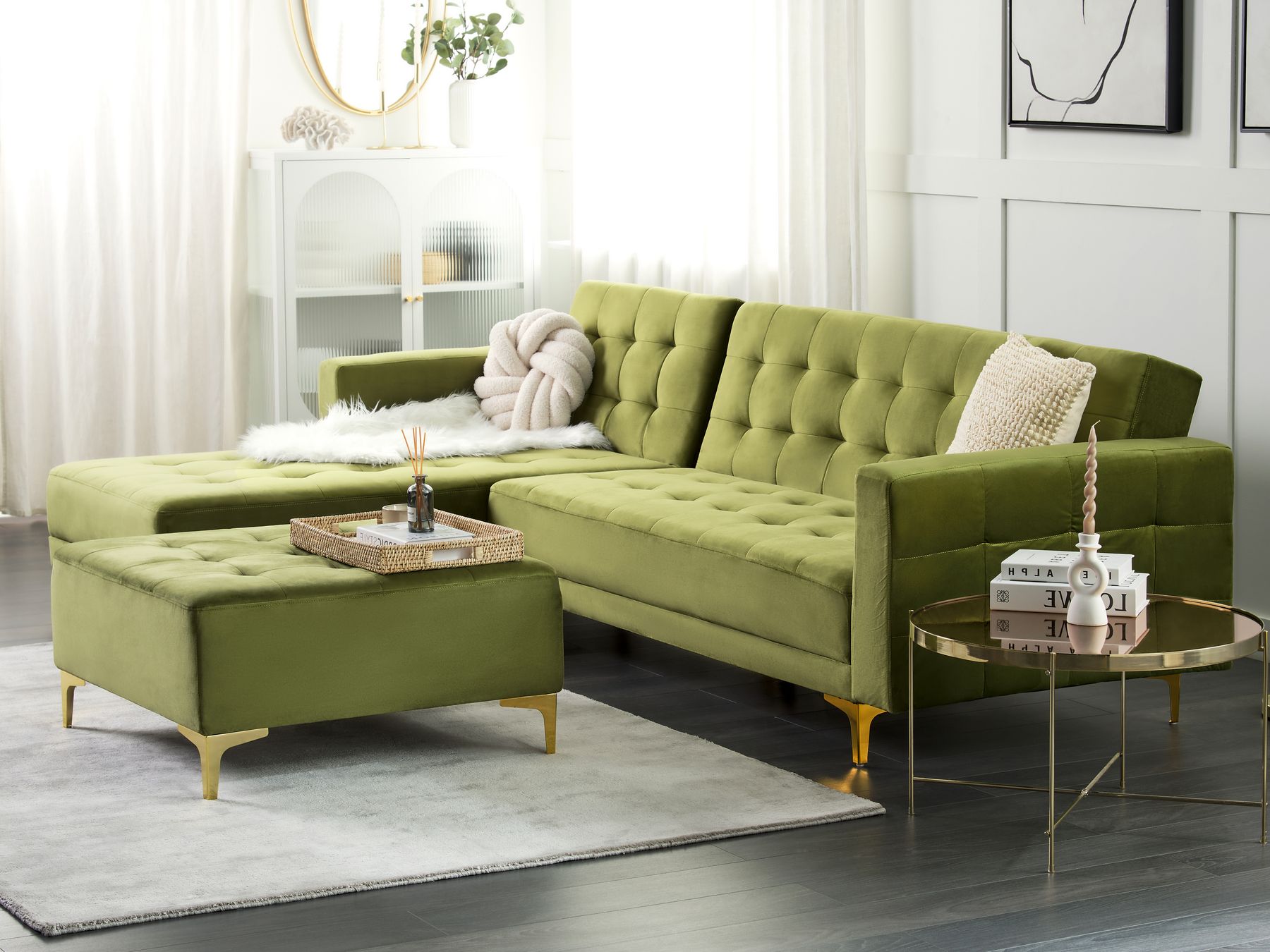 Modular Corner Sofa Bed ABERDEEN Velvet Green 4 Seater Right Hand