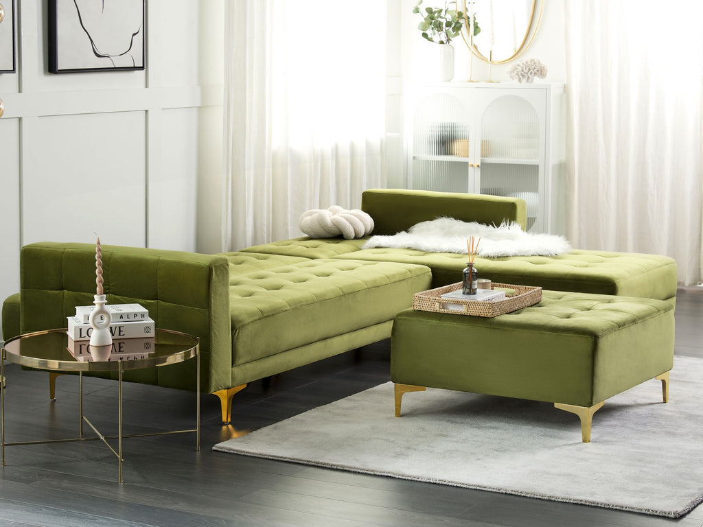 Modular Corner Sofa Bed ABERDEEN Velvet Green with Ottoman 4 Seater Left Hand