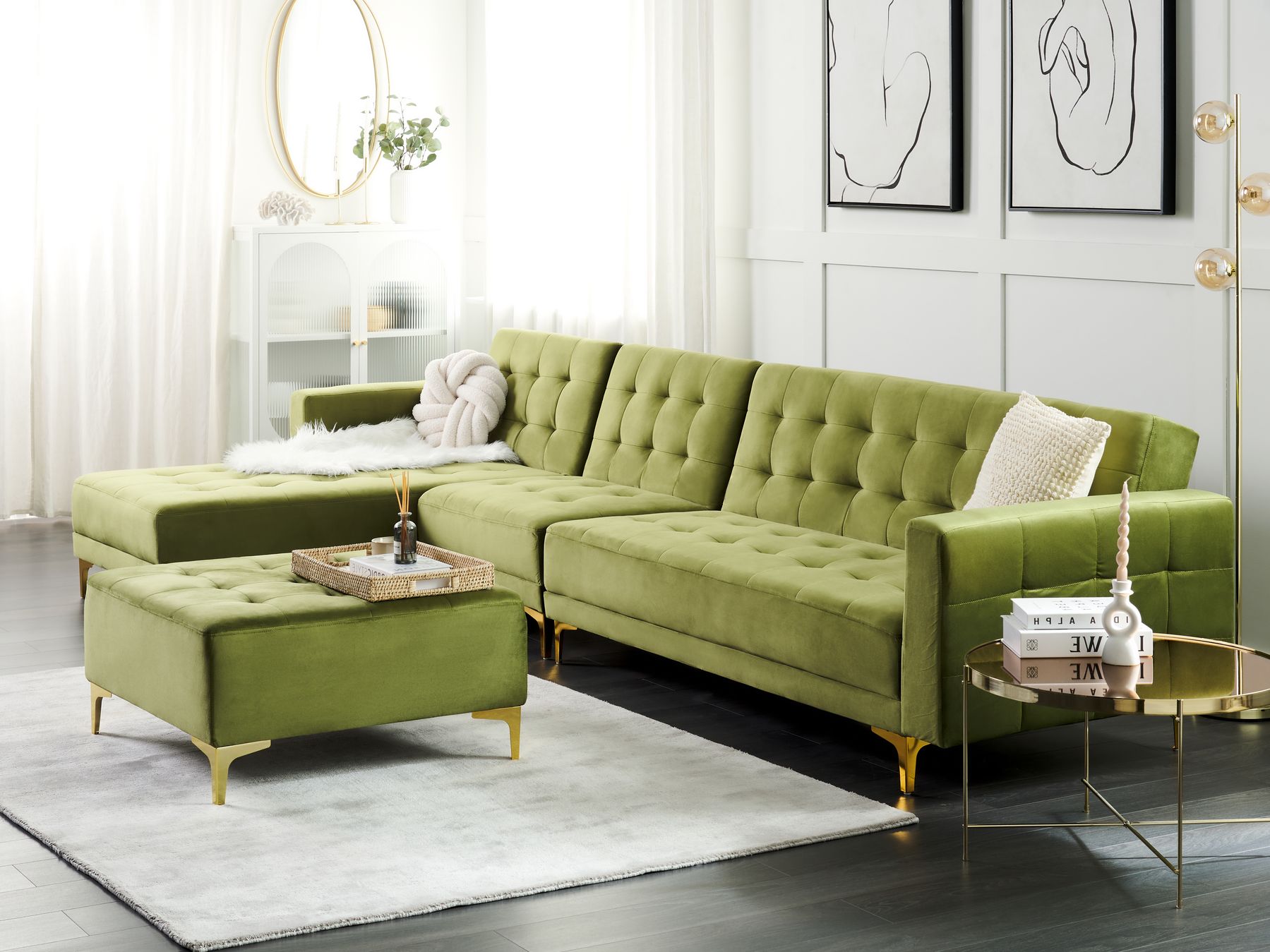 Modular Corner Sofa Bed ABERDEEN Velvet Green with Ottoman 5 Seater Right Hand