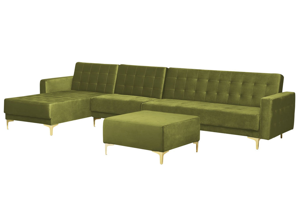 Modular Corner Sofa Bed ABERDEEN Velvet Green with Ottoman 5 Seater Right Hand
