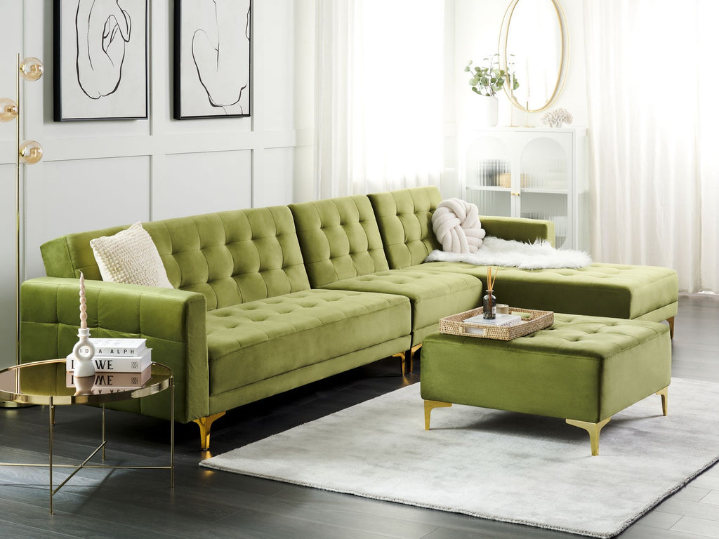 Modular Corner Sofa Bed ABERDEEN Velvet Green with Ottoman 5 Seater Left Hand