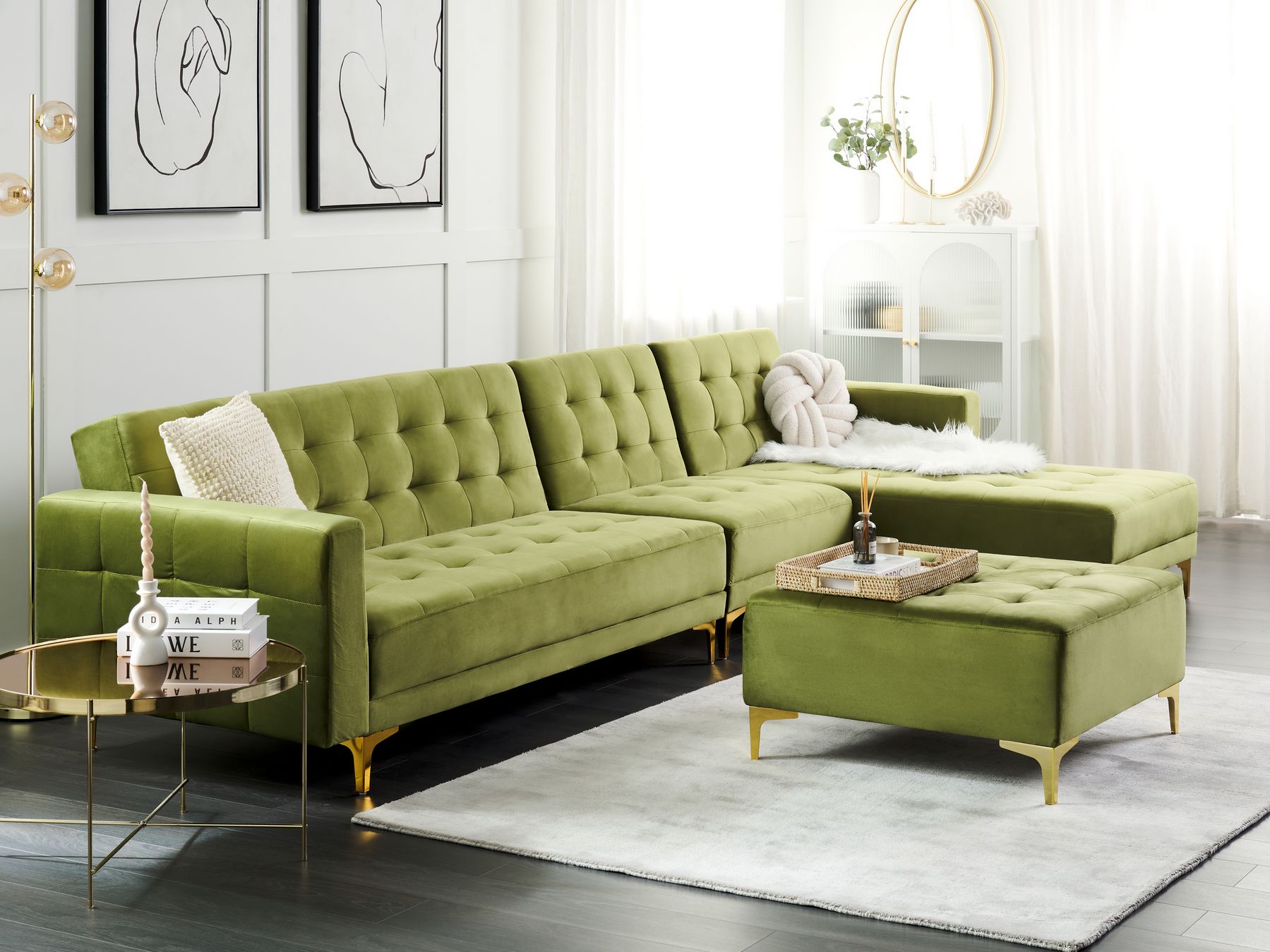 Modular Corner Sofa Bed ABERDEEN Velvet Green with Ottoman 5 Seater Left Hand