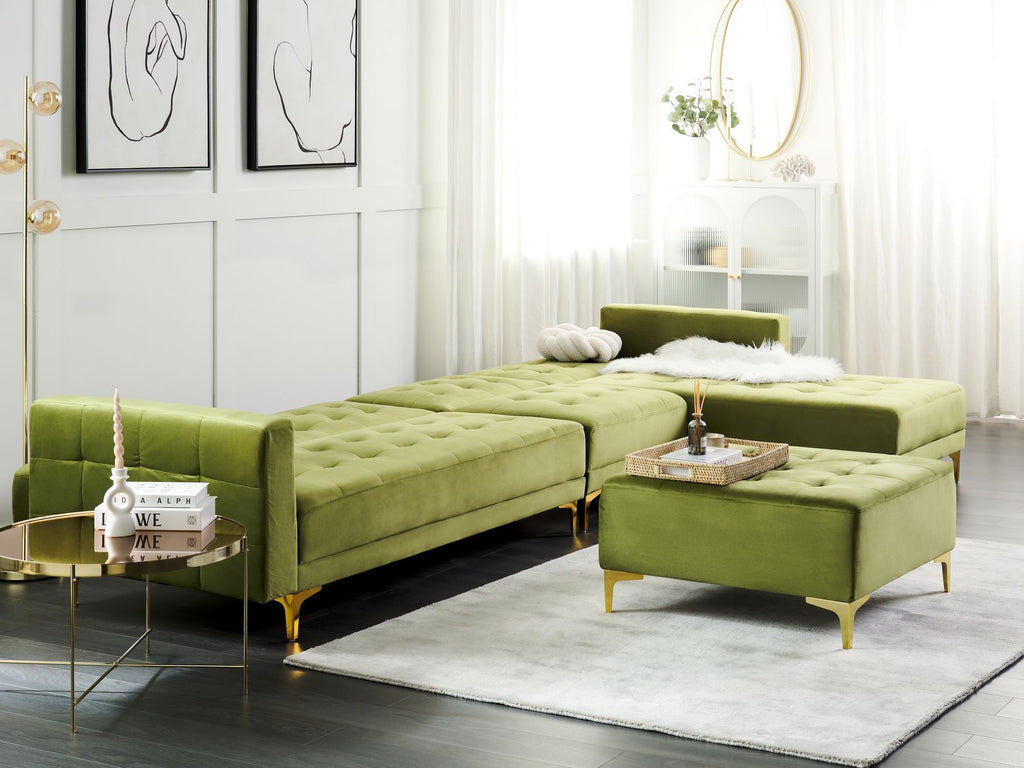 Modular Corner Sofa Bed ABERDEEN Velvet Green with Ottoman 5 Seater Left Hand