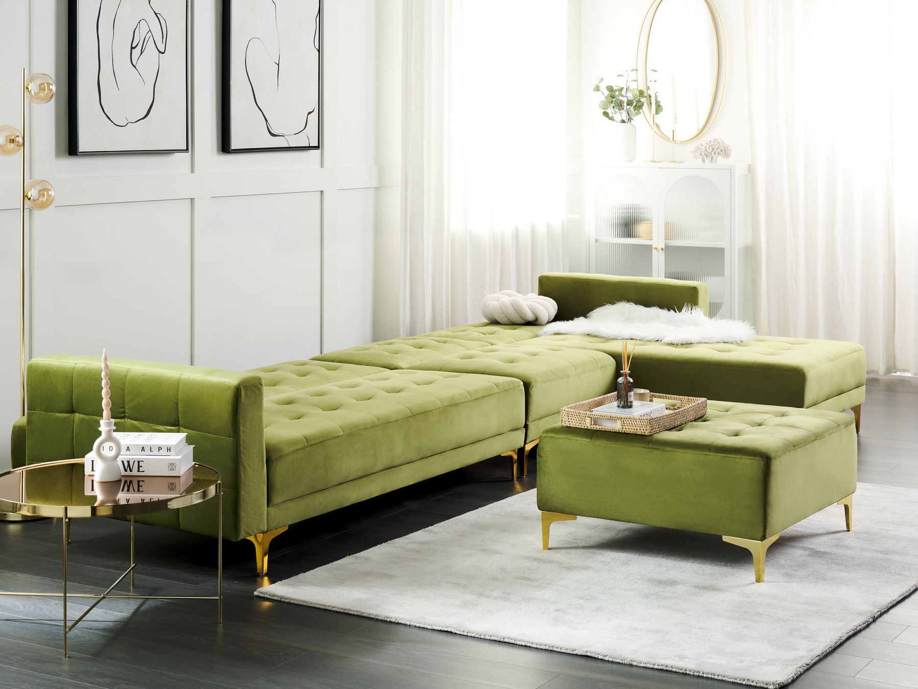 Modular Corner Sofa Bed ABERDEEN Velvet Green with Ottoman 5 Seater Left Hand