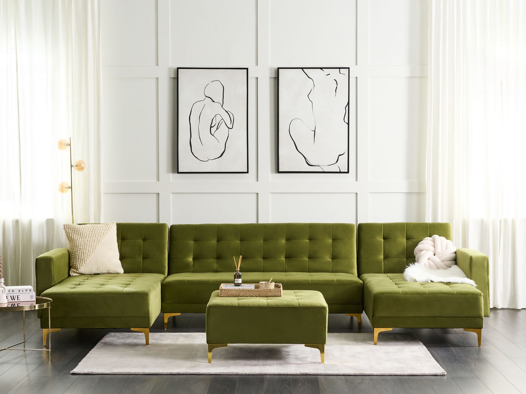 Modular U-Shape Sofa Bed ABERDEEN Velvet Green 5 Seater