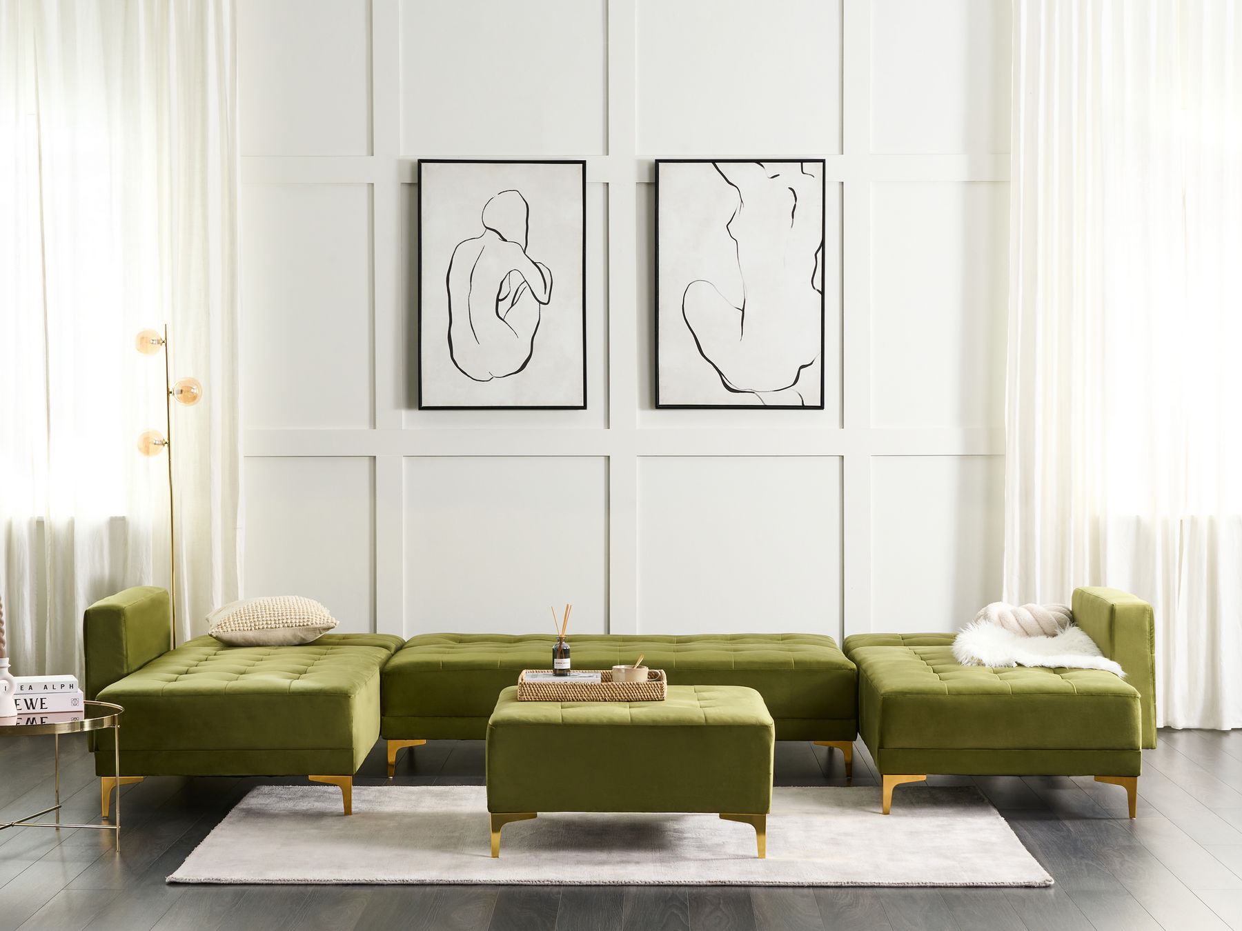 Modular U-Shape Sofa Bed ABERDEEN Velvet Green with Ottoman 5 Seater