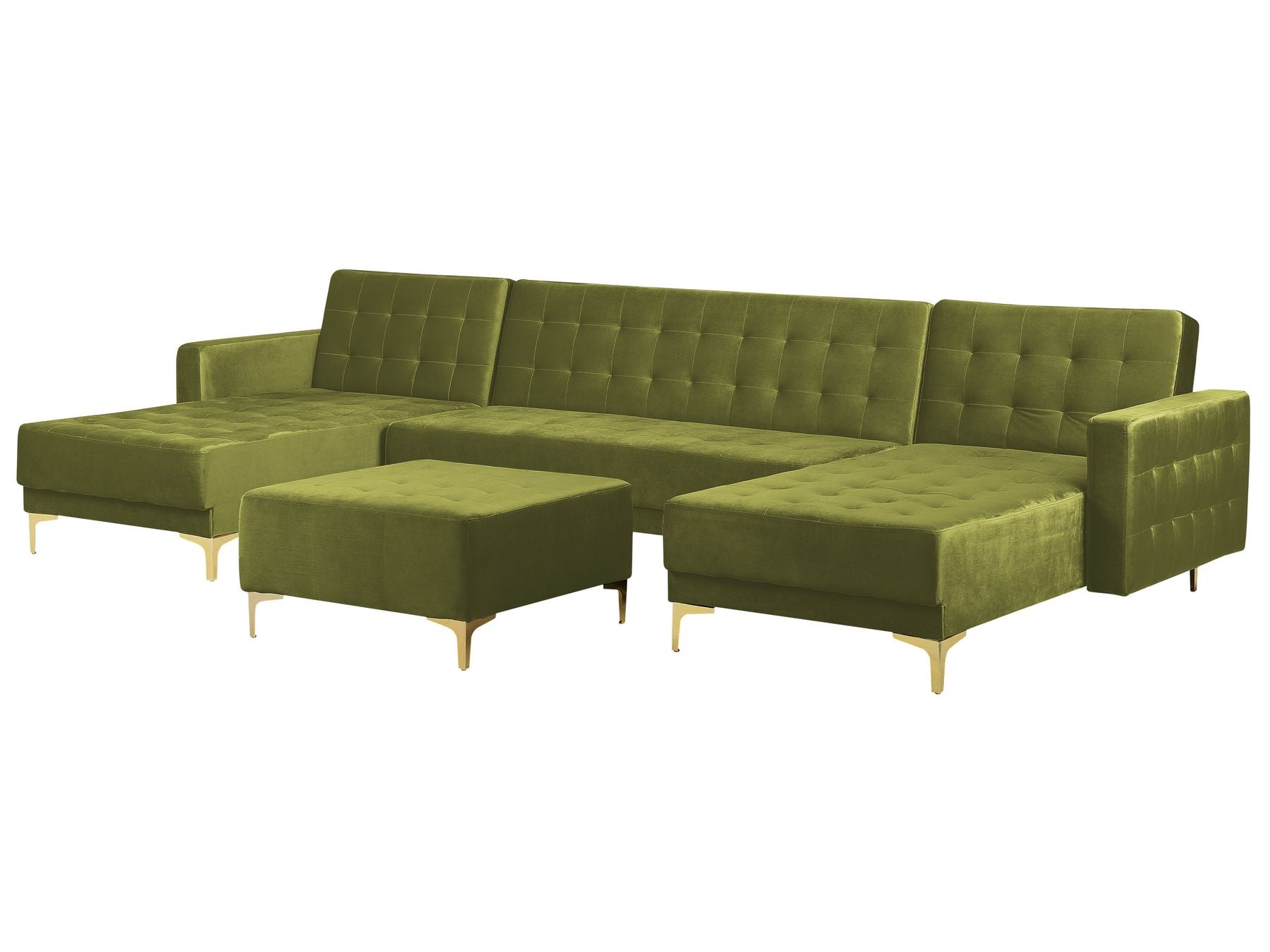 Modular U-Shape Sofa Bed ABERDEEN Velvet Green with Ottoman 5 Seater