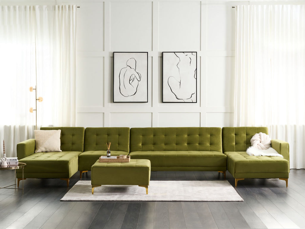 Modular U-Shape Sofa Bed ABERDEEN Velvet Green with Ottoman 6 Seater