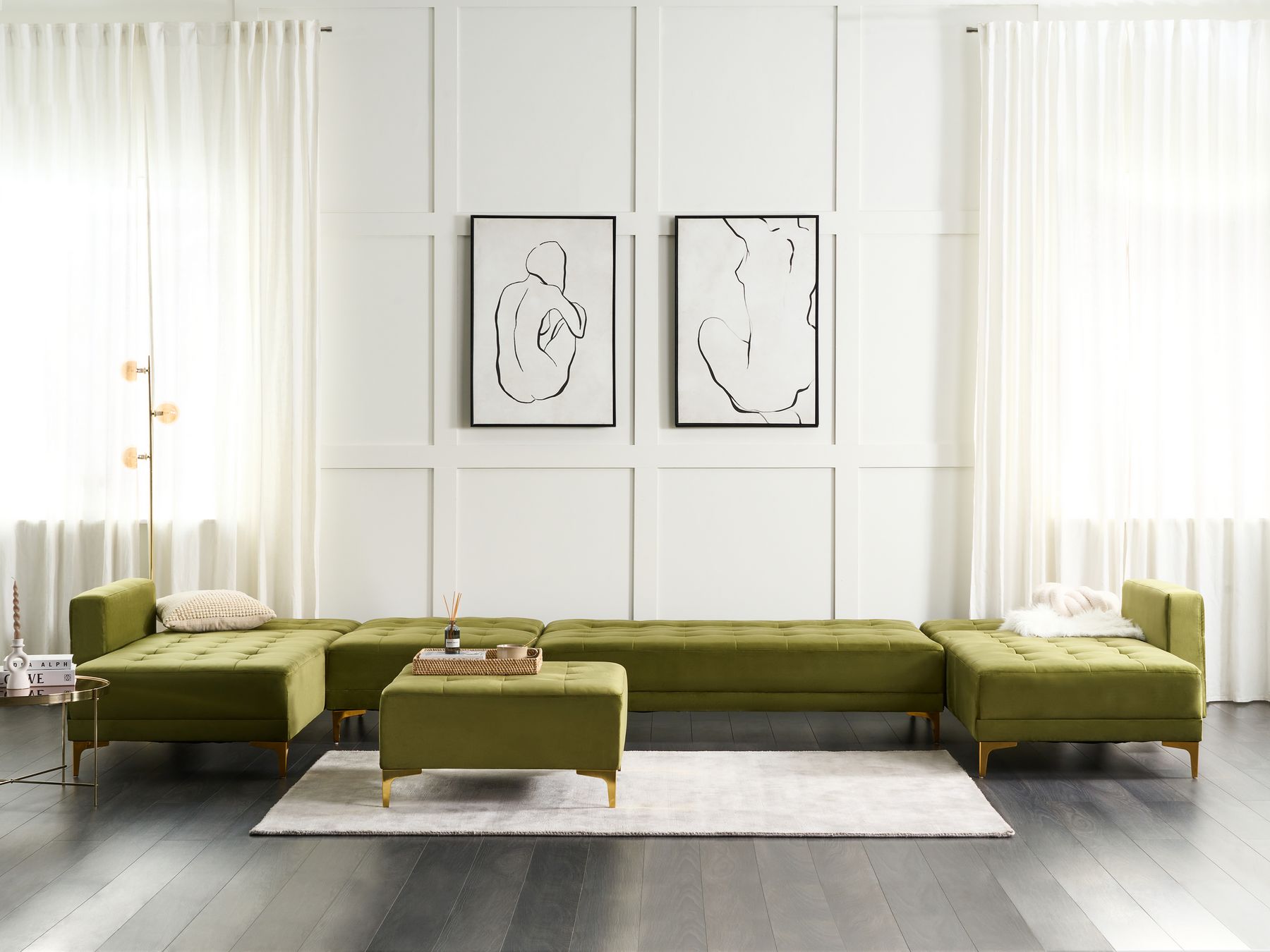 Modular U-Shape Sofa Bed ABERDEEN Velvet Green with Ottoman 6 Seater