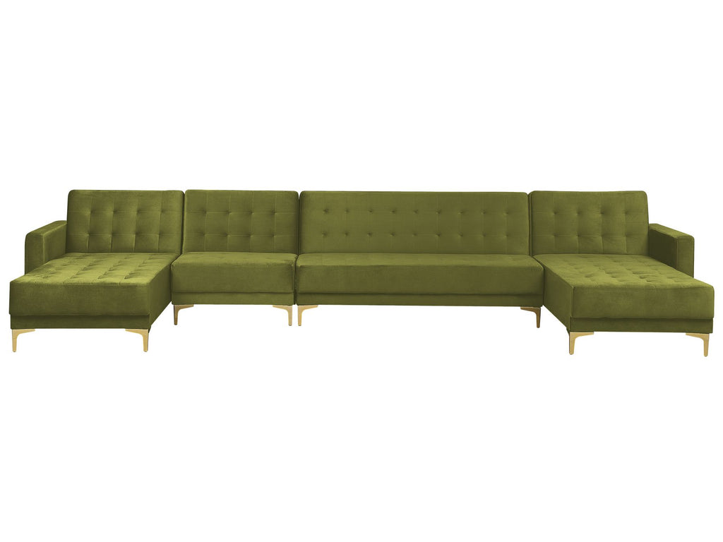 Modular U-Shape Sofa Bed ABERDEEN Velvet Green with Ottoman 6 Seater