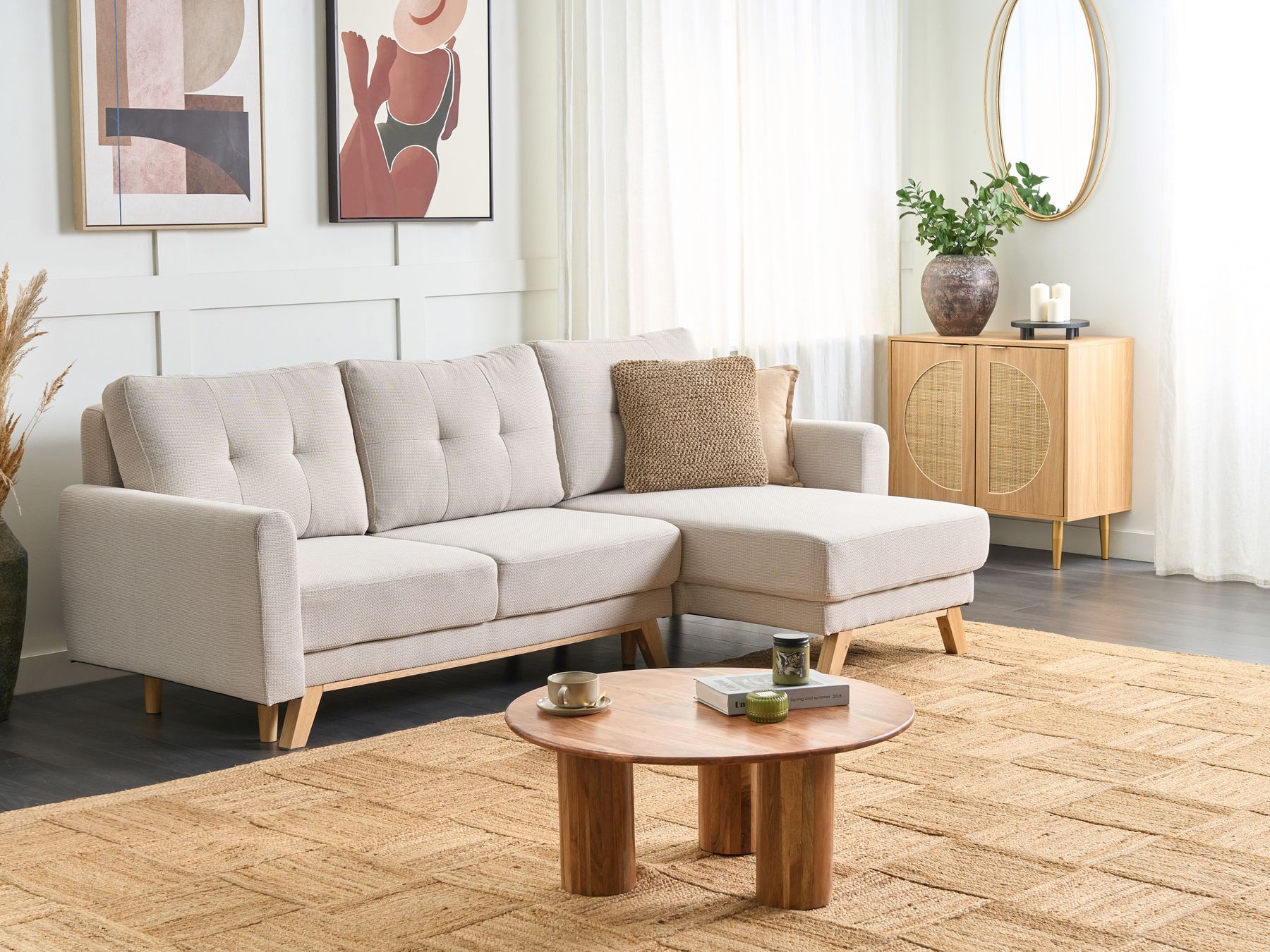 Sofa Bed SIRO Fabric Light Beige with Storage 3 Seater Left Hand