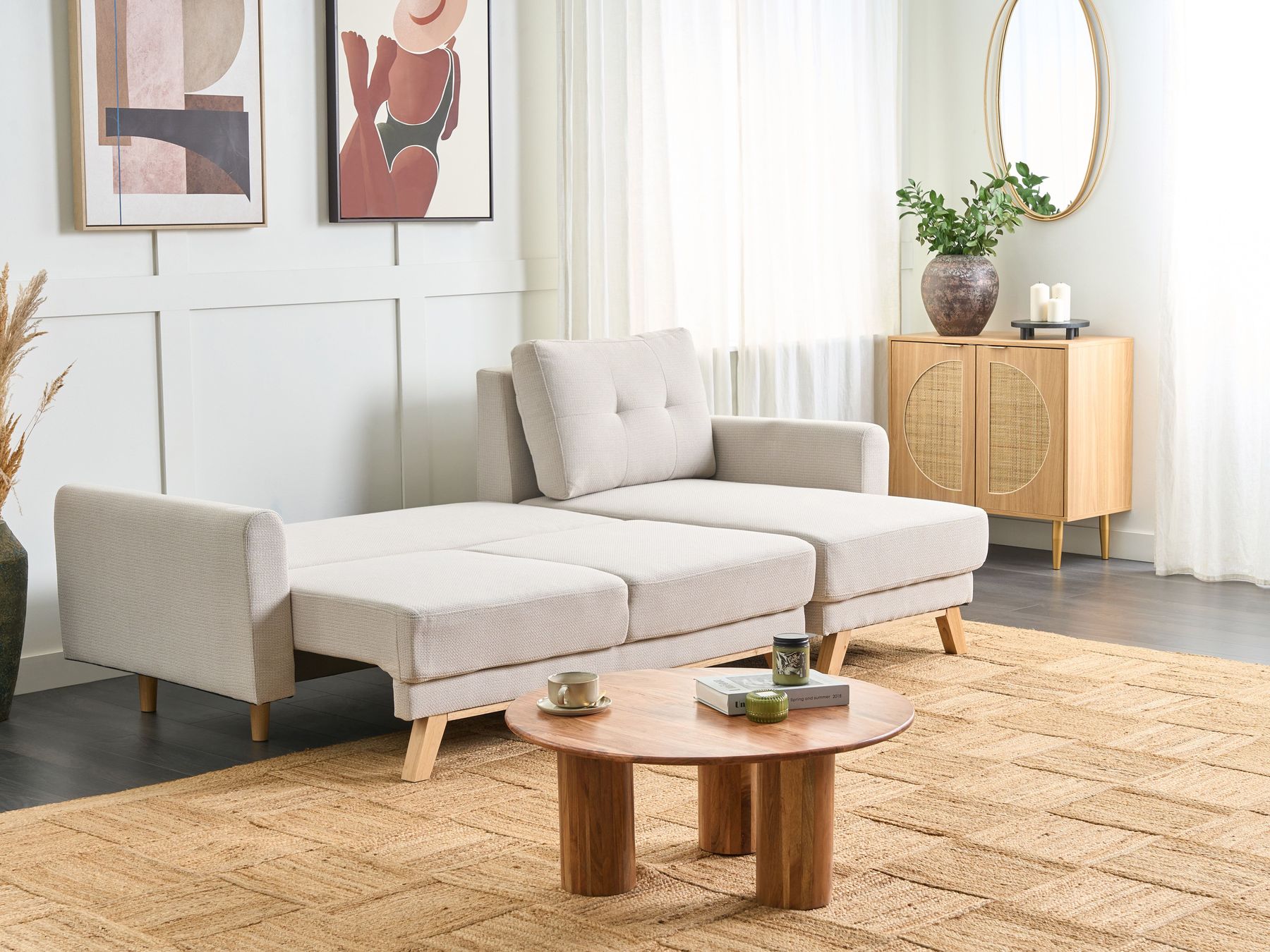 Sofa Bed SIRO Fabric Light Beige with Storage 3 Seater Left Hand