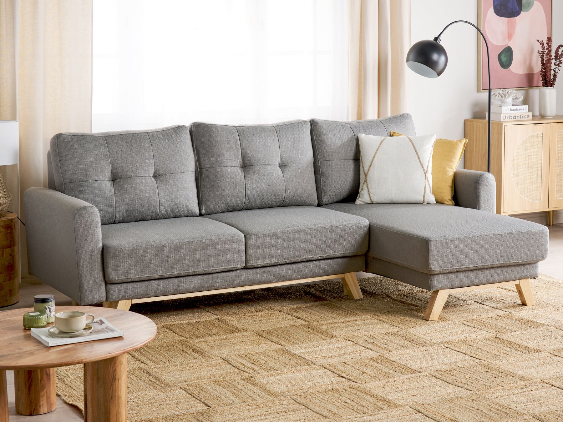 Sofa Bed SIRO Fabric Grey with Storage 3 Seater Left Hand