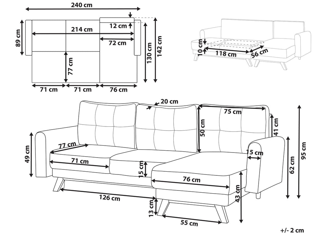 Sofa Bed SIRO Boucle Off-White with Storage 3 Seater Left Hand