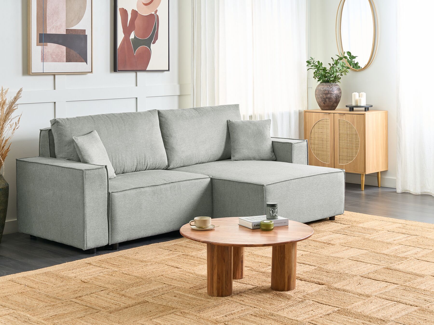 Corner Sofa Bed KARILA Fabric Grey with Storage 3 Seater Left Hand
