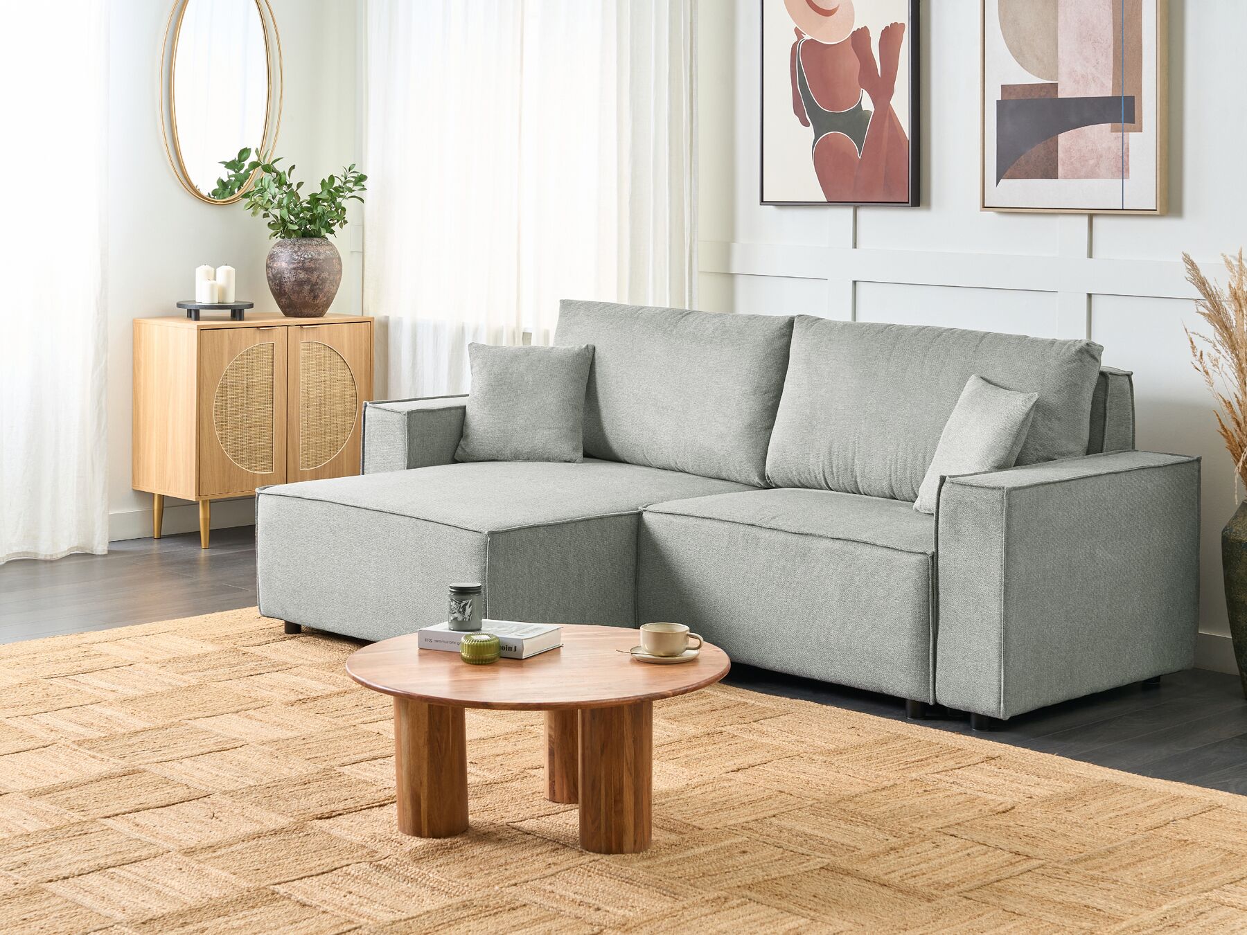 Corner Sofa Bed KARILA Fabric Grey with Storage 3 Seater Right Hand