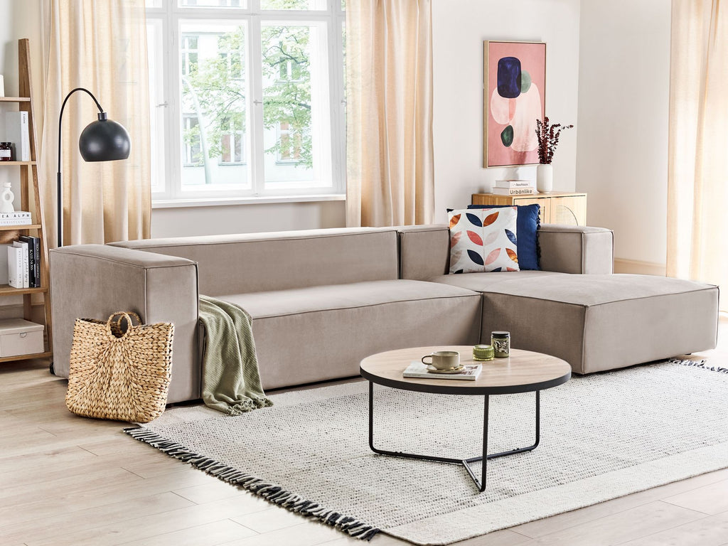 Left Hand Velvet 3 Seater Corner Sofa Taupe Beige VERNON
