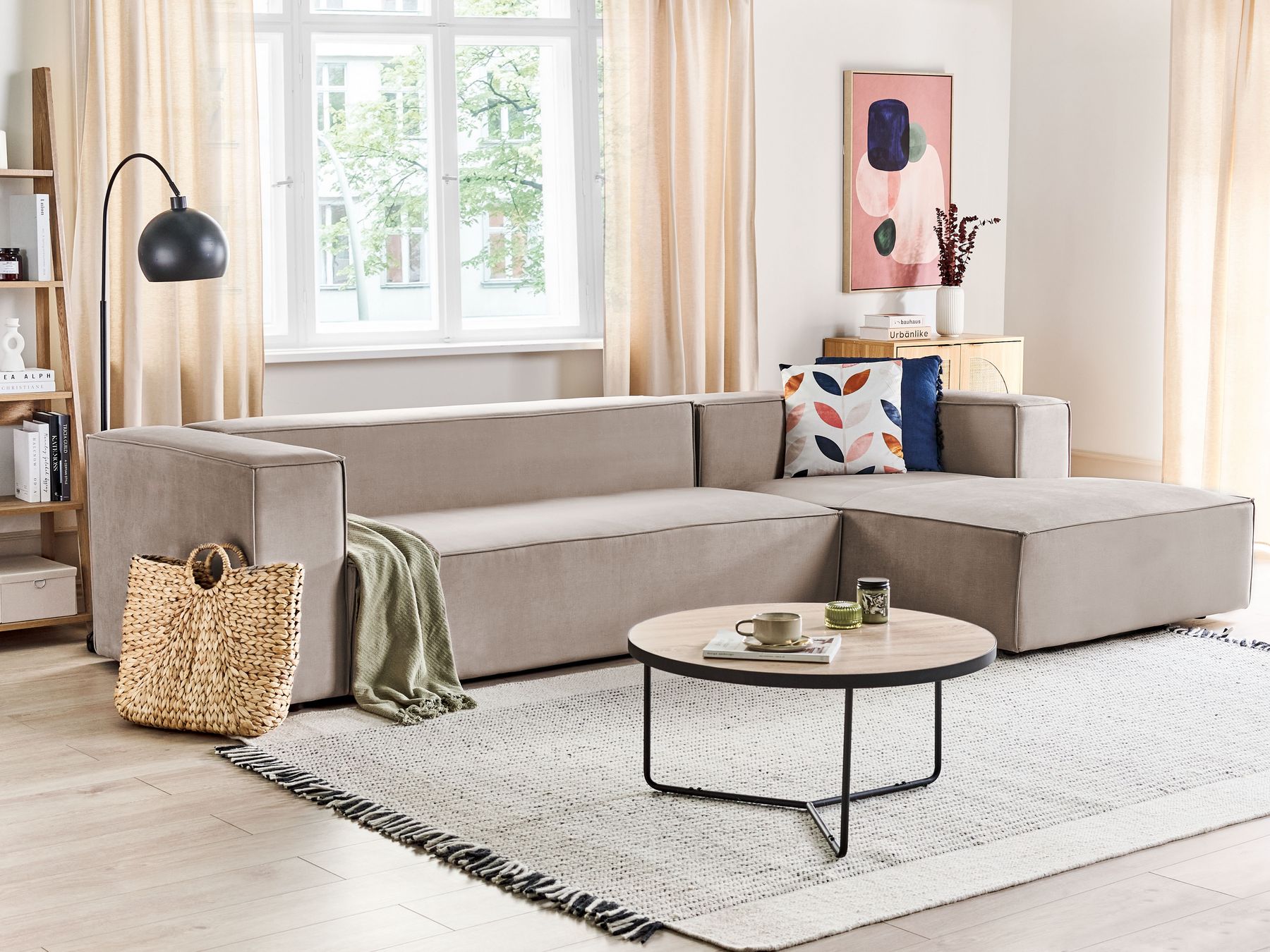 Left Hand Velvet 3 Seater Corner Sofa Taupe Beige VERNON