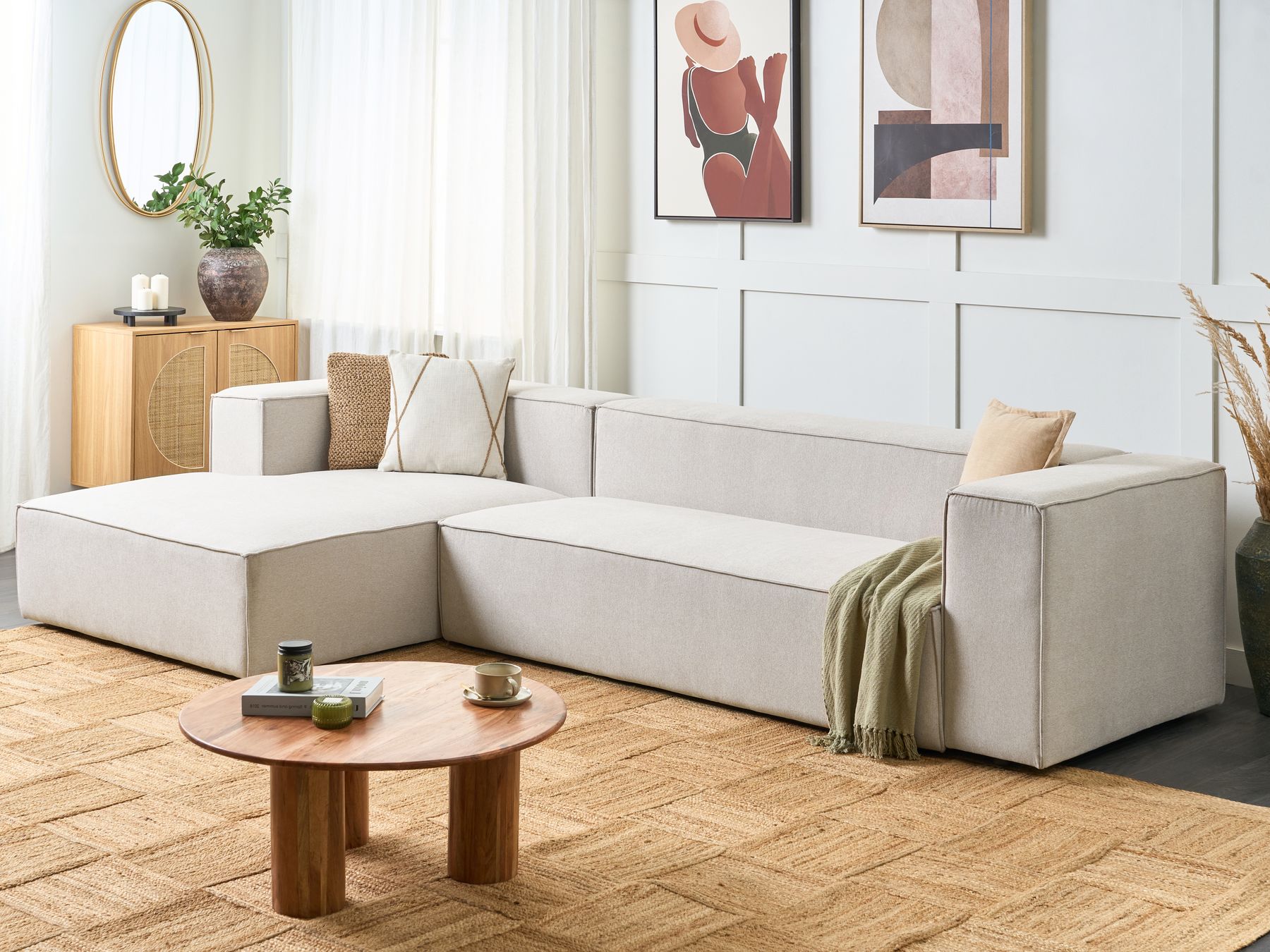 Right Hand 3 Seater Corner Sofa Beige VERNON